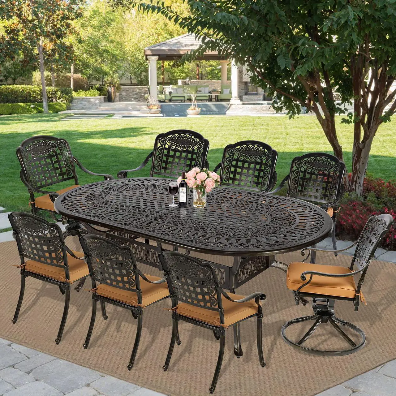 Alt view image 7 of 7 - MEETWARM 9-Piece Outdoor Patio Dining Set, All-Weather Cast Aluminum Patio Conversation Set with 6 Stationary, 2 Swivel Rocker Chairs, 1 Oval Table, 8 Cushions, 2" Umbrella Hole