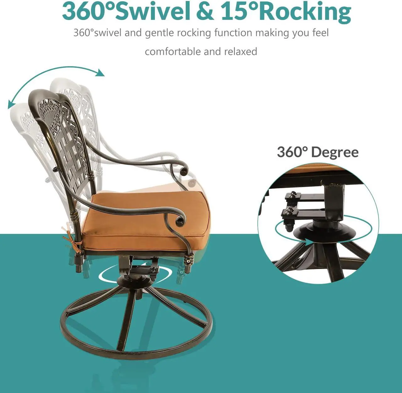 Alt view image 4 of 7 - MEETWARM 9-Piece Outdoor Patio Dining Set, All-Weather Cast Aluminum Patio Conversation Set with 6 Stationary, 2 Swivel Rocker Chairs, 1 Oval Table, 8 Cushions, 2" Umbrella Hole