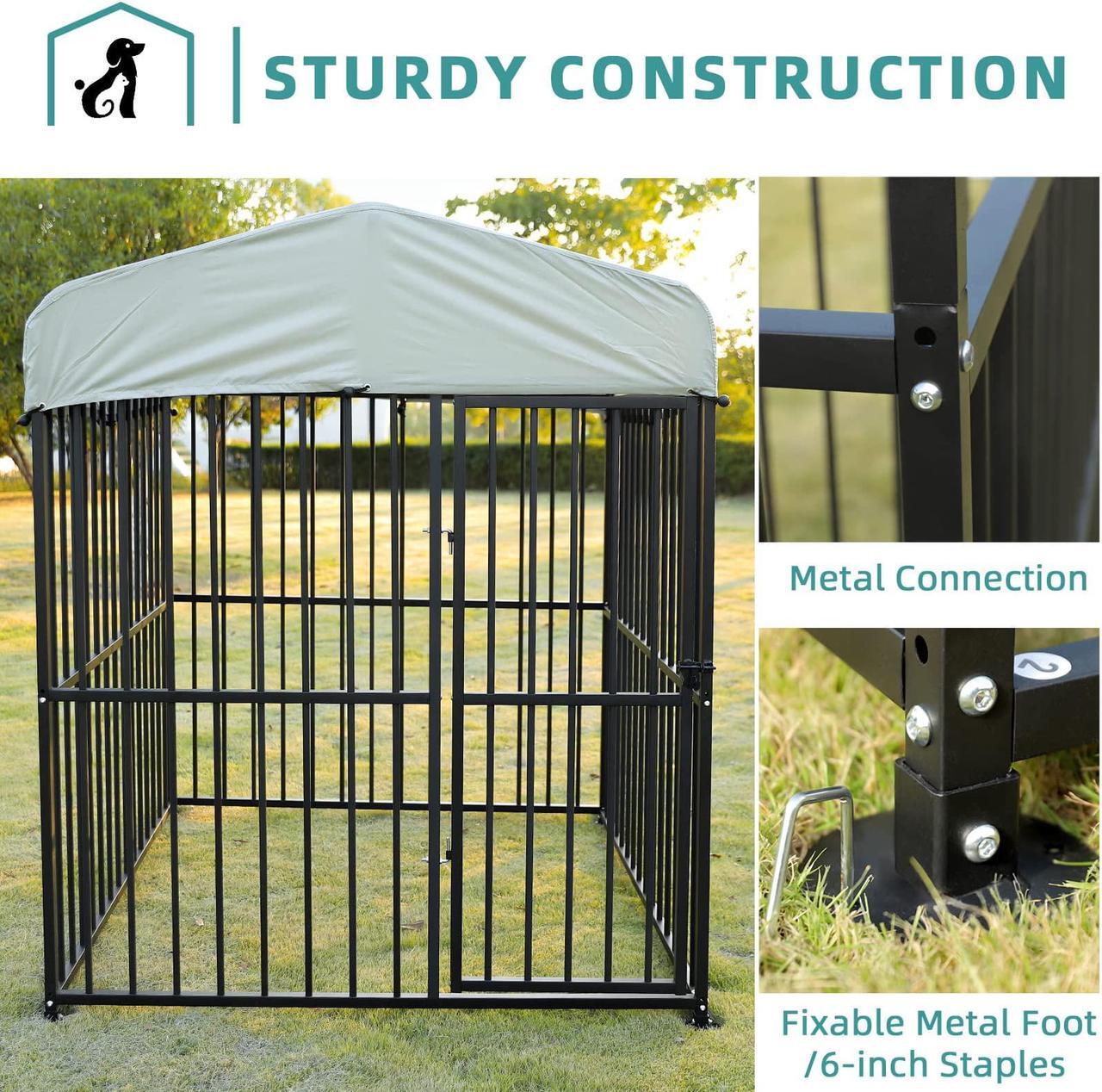 Alt view image 5 of 7 - MEETWARM Large Outdoor Dog Kennel, Metal Heavy Duty Outdoor Indoor Pet Playpen, Anti-Rust Dog Pens Outdoor Dog Fence with Anti-UV & Waterproof Top Cover and Secure Lock for Backyard, 5'L x 5'W x 6'H