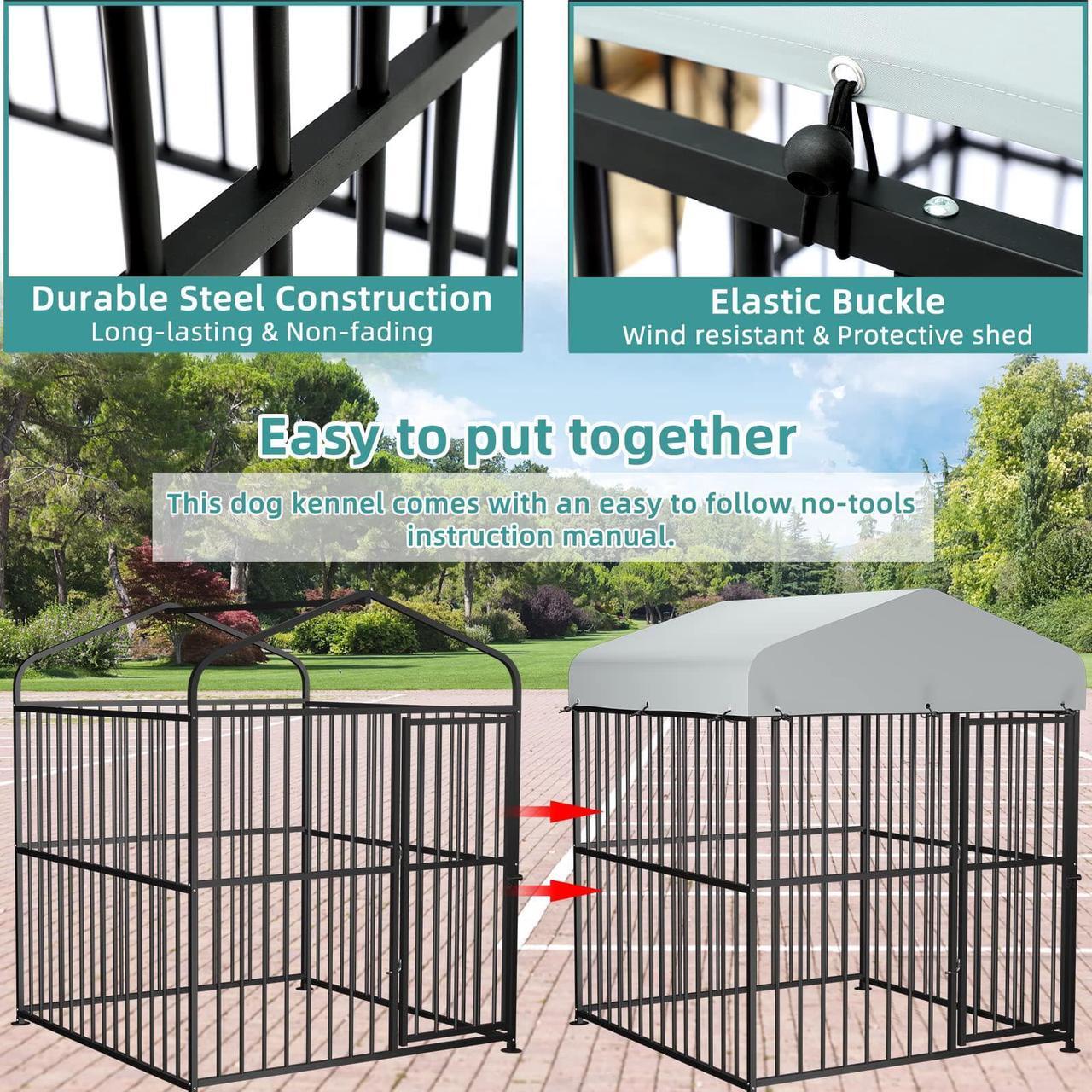 Alt view image 6 of 7 - MEETWARM Large Outdoor Dog Kennel, Metal Heavy Duty Outdoor Indoor Pet Playpen, Anti-Rust Dog Pens Outdoor Dog Fence with Anti-UV & Waterproof Top Cover and Secure Lock for Backyard, 5'L x 5'W x 6'H