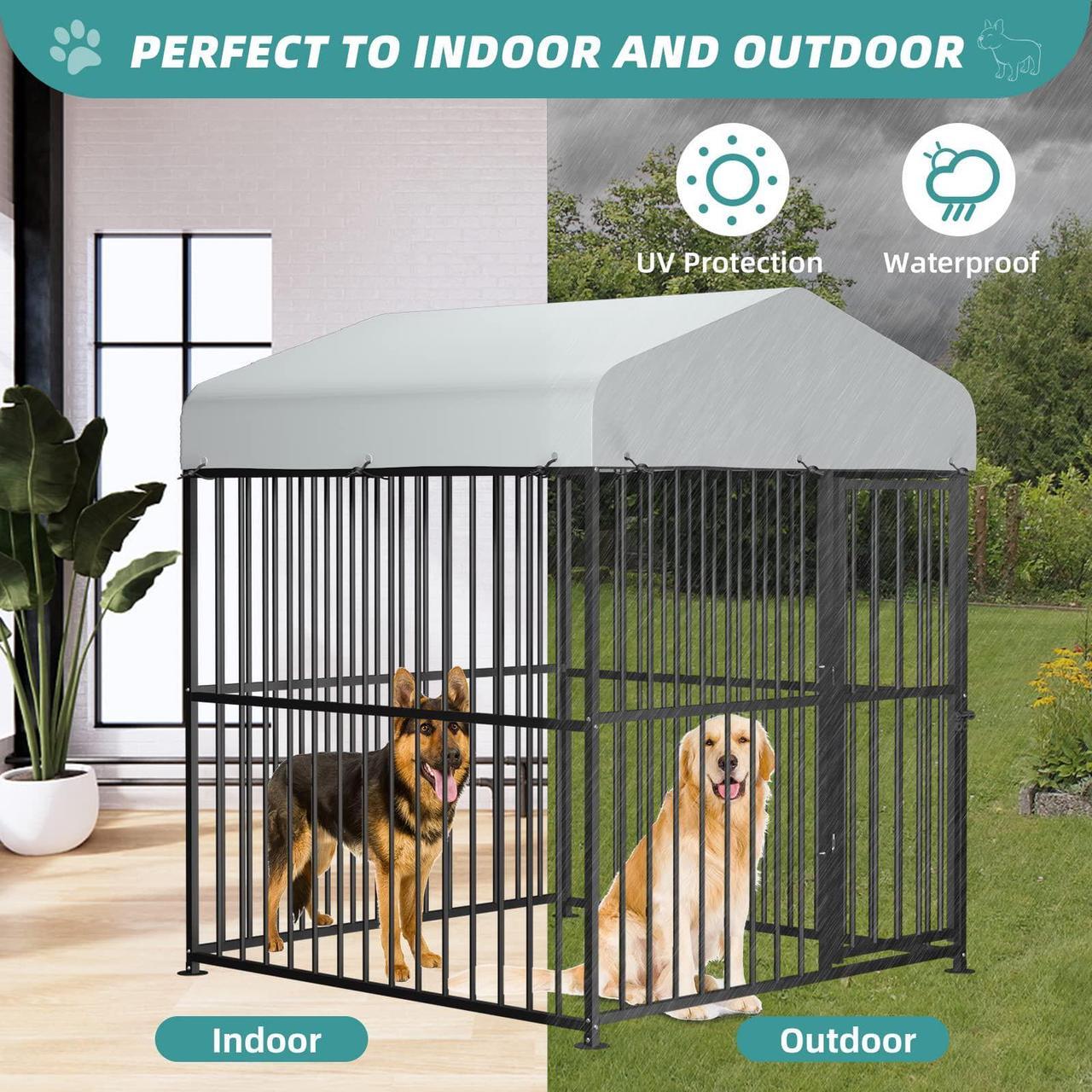 Alt view image 7 of 7 - MEETWARM Large Outdoor Dog Kennel, Metal Heavy Duty Outdoor Indoor Pet Playpen, Anti-Rust Dog Pens Outdoor Dog Fence with Anti-UV & Waterproof Top Cover and Secure Lock for Backyard, 5'L x 5'W x 6'H