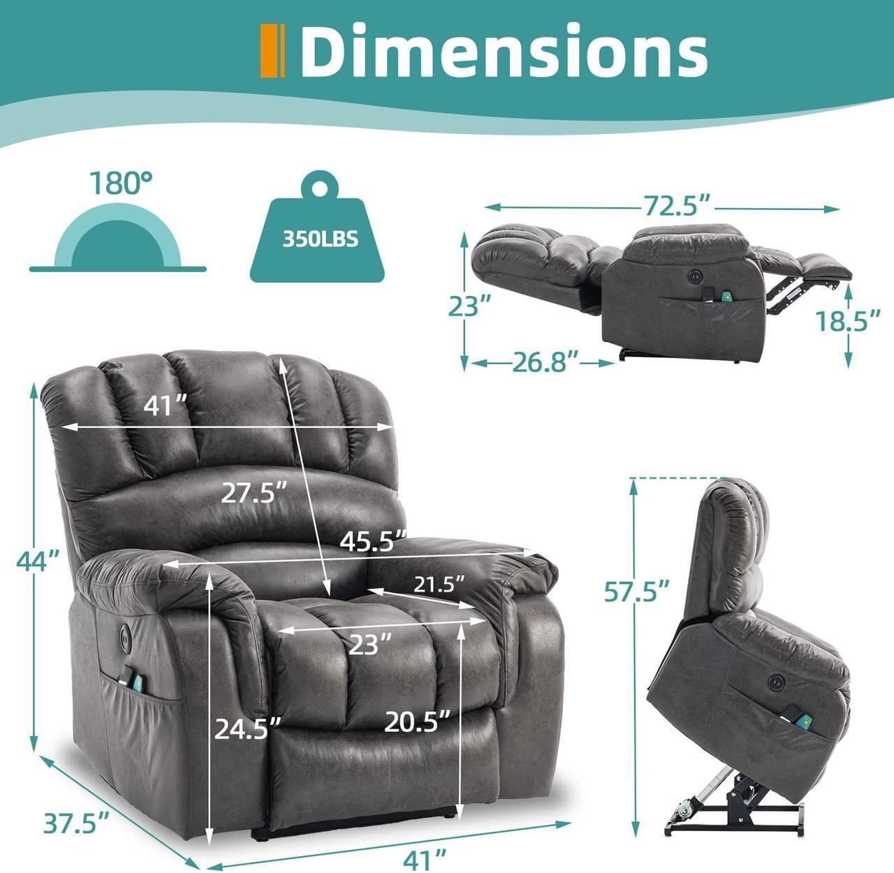Alt view image 2 of 7 - MEETWARM Large Dual OKIN Motor Power Lift Recliner Chair for Elderly Big Man, Lay Flat Sleeper Electric Recliner with Massage and Heat, Infinite Position/2 Remote Controls/USB Port/Side Pockets(Grey)