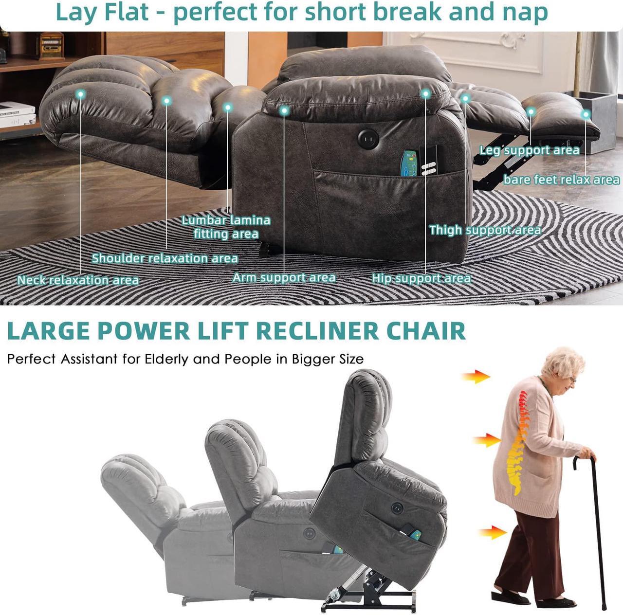 Alt view image 4 of 7 - MEETWARM Large Dual OKIN Motor Power Lift Recliner Chair for Elderly Big Man, Lay Flat Sleeper Electric Recliner with Massage and Heat, Infinite Position/2 Remote Controls/USB Port/Side Pockets(Grey)
