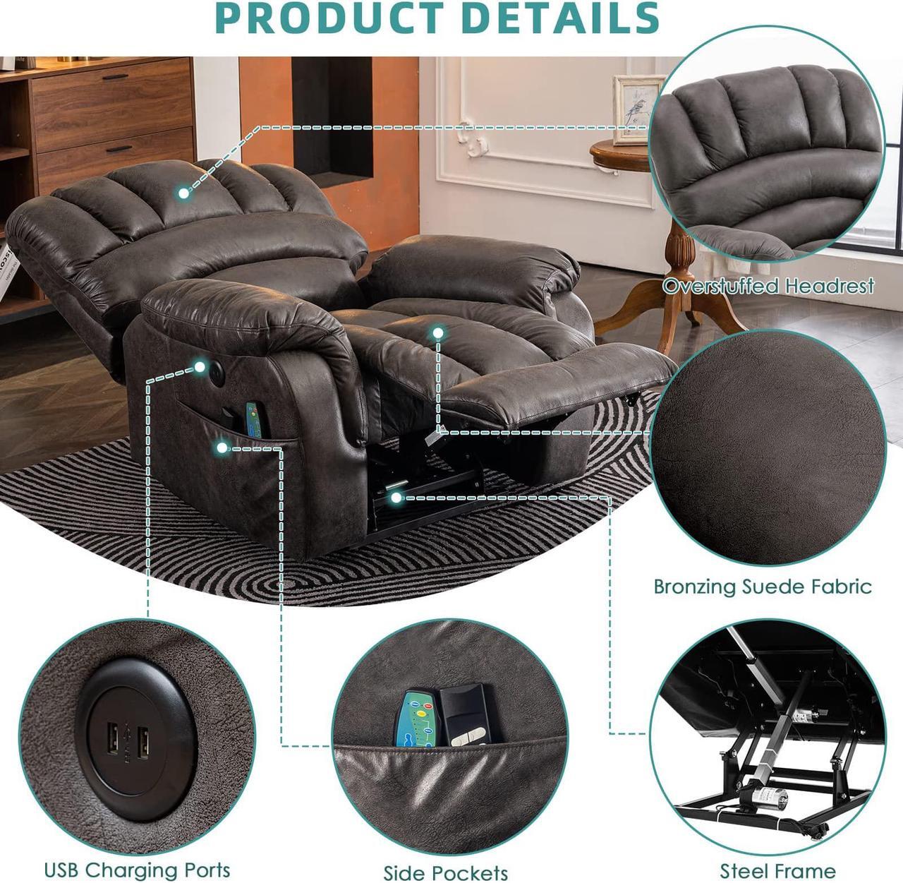 Alt view image 6 of 7 - MEETWARM Large Dual OKIN Motor Power Lift Recliner Chair for Elderly Big Man, Lay Flat Sleeper Electric Recliner with Massage and Heat, Infinite Position/2 Remote Controls/USB Port/Side Pockets(Grey)