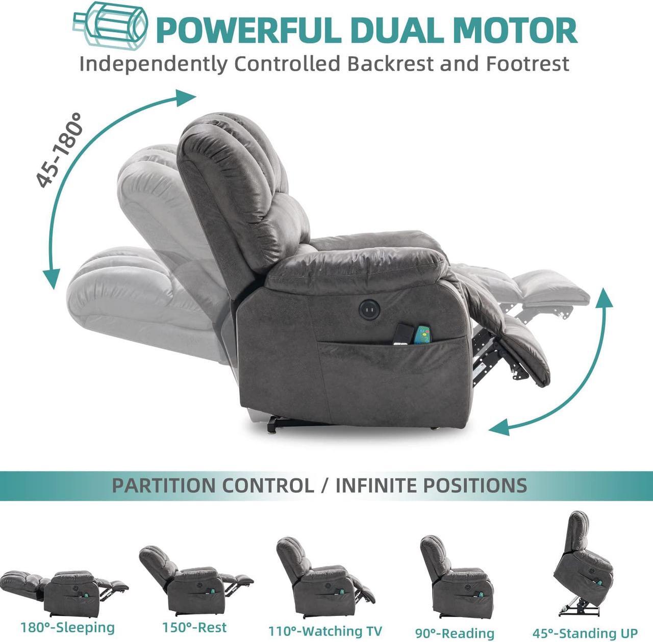 Alt view image 5 of 7 - MEETWARM Large Dual OKIN Motor Power Lift Recliner Chair for Elderly Big Man, Lay Flat Sleeper Electric Recliner with Massage and Heat, Infinite Position/2 Remote Controls/USB Port/Side Pockets(Grey)