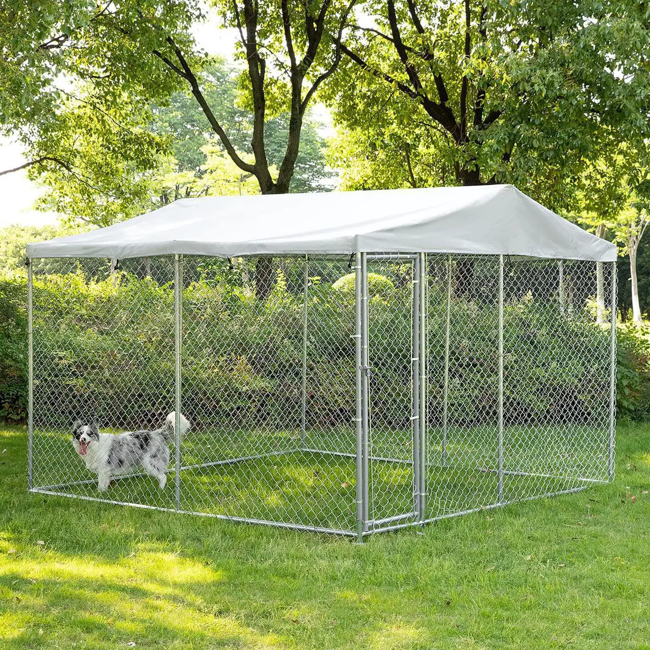 Main image of MEETWARM Large Outdoor Dog Kennel, Heavy Duty Dog House Playpen Galvanized Steel Pet Fence with Fully Enclosed Waterproof UV-Resistant Cover, Stainless Steel Zip Ties and Secure Lock