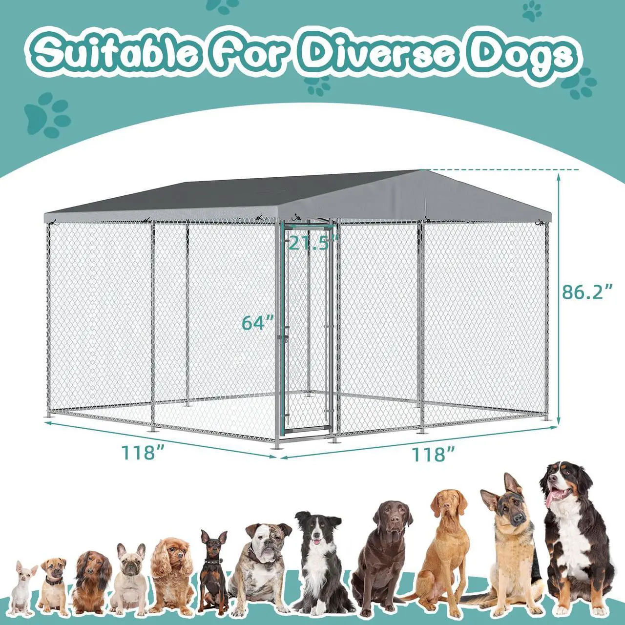 Alt view image 4 of 7 - MEETWARM Large Outdoor Dog Kennel, Heavy Duty Dog House Playpen Galvanized Steel Pet Fence with Fully Enclosed Waterproof UV-Resistant Cover, Stainless Steel Zip Ties and Secure Lock