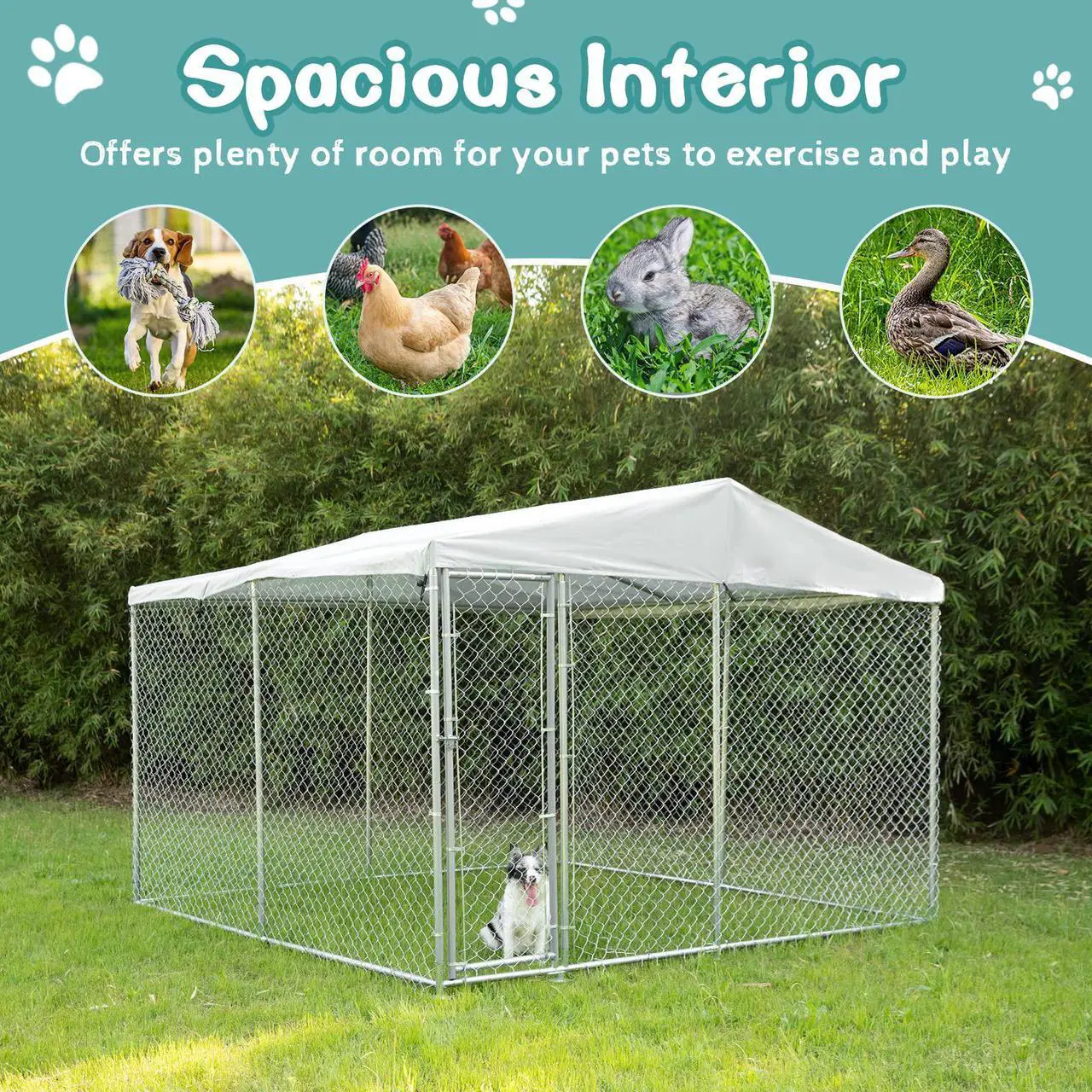 Alt view image 5 of 7 - MEETWARM Large Outdoor Dog Kennel, Heavy Duty Dog House Playpen Galvanized Steel Pet Fence with Fully Enclosed Waterproof UV-Resistant Cover, Stainless Steel Zip Ties and Secure Lock
