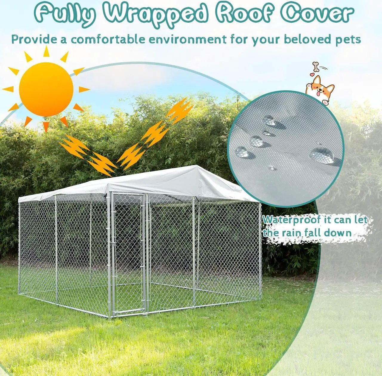 Alt view image 7 of 7 - MEETWARM Large Outdoor Dog Kennel, Heavy Duty Dog House Playpen Galvanized Steel Pet Fence with Fully Enclosed Waterproof UV-Resistant Cover, Stainless Steel Zip Ties and Secure Lock