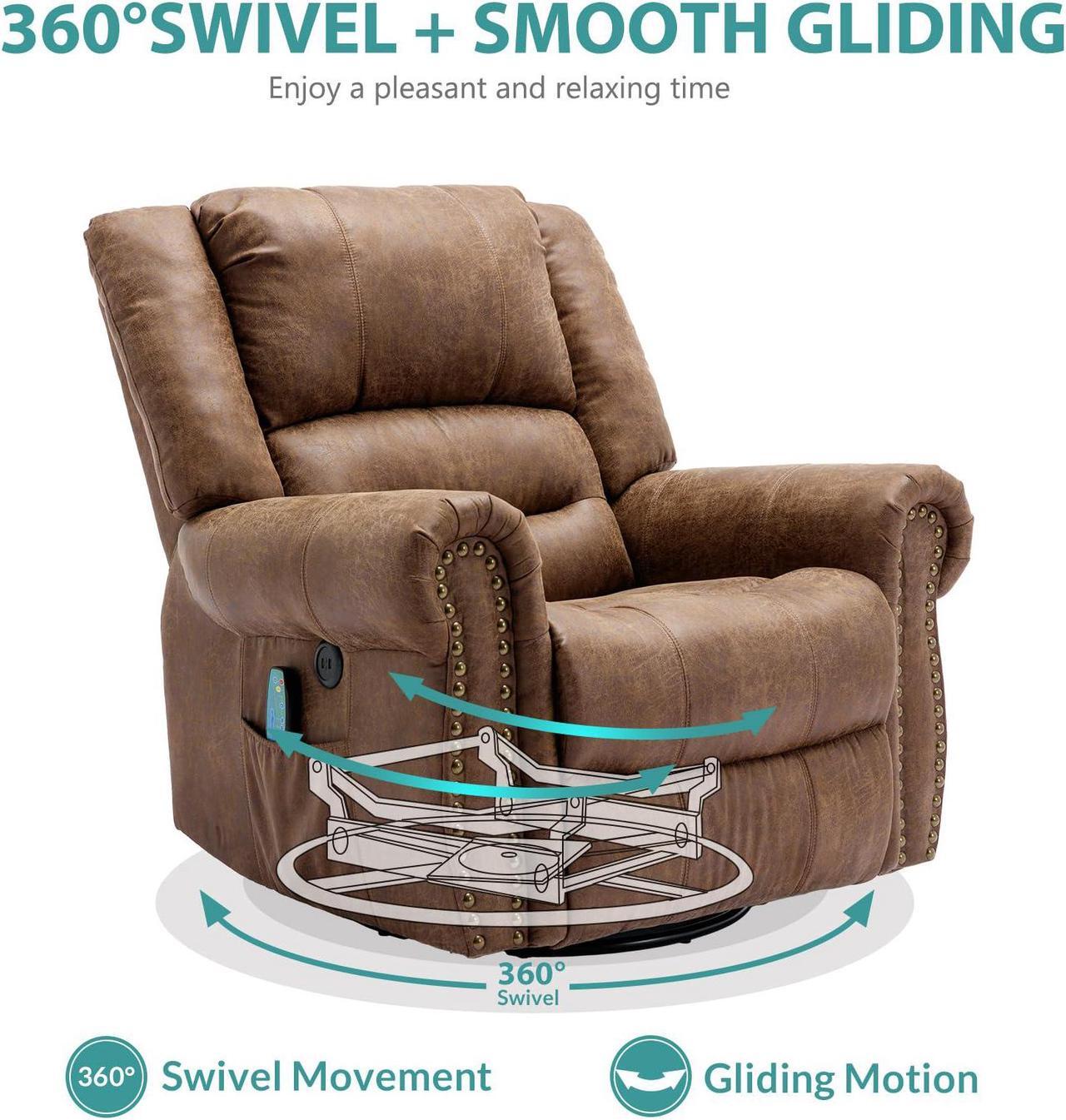 Alt view image 4 of 7 - MEETWARM Massage Swivel Rocker Recliner with Heat and Vibration, Manual Glider Rocking Recliner Chair, 360°Swivel Lounge Reclining Chair with Remote Control/USB Ports for Living Room(Brown)