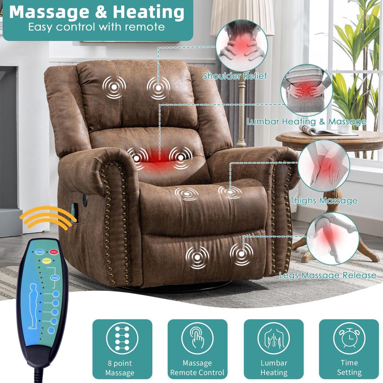 Alt view image 3 of 7 - MEETWARM Massage Swivel Rocker Recliner with Heat and Vibration, Manual Glider Rocking Recliner Chair, 360°Swivel Lounge Reclining Chair with Remote Control/USB Ports for Living Room(Brown)