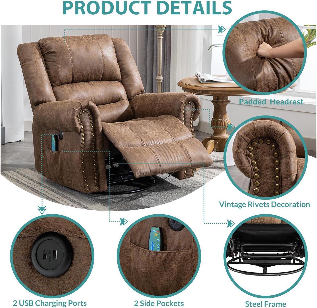 Alt view image 5 of 7 - MEETWARM Massage Swivel Rocker Recliner with Heat and Vibration, Manual Glider Rocking Recliner Chair, 360°Swivel Lounge Reclining Chair with Remote Control/USB Ports for Living Room(Brown)