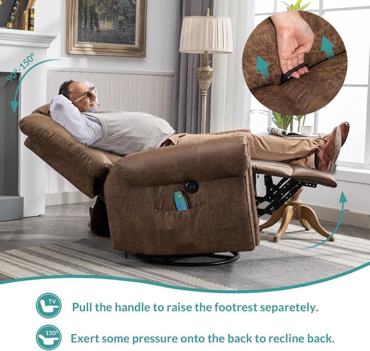 Alt view image 6 of 7 - MEETWARM Massage Swivel Rocker Recliner with Heat and Vibration, Manual Glider Rocking Recliner Chair, 360°Swivel Lounge Reclining Chair with Remote Control/USB Ports for Living Room(Brown)