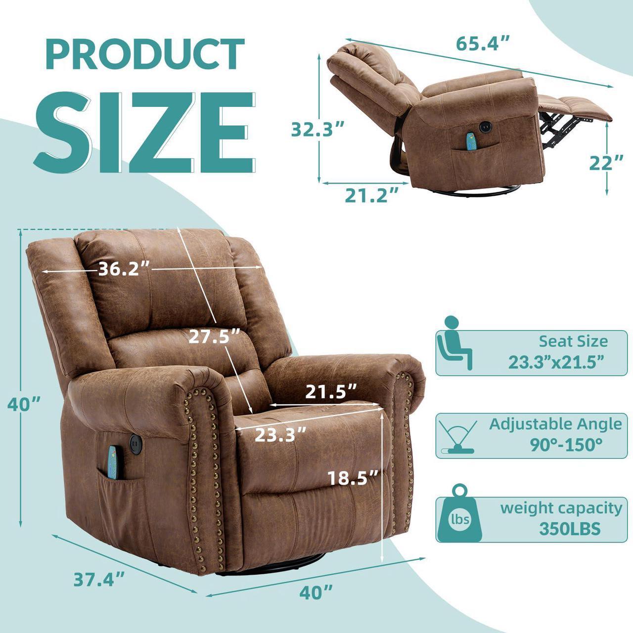 Alt view image 2 of 7 - MEETWARM Massage Swivel Rocker Recliner with Heat and Vibration, Manual Glider Rocking Recliner Chair, 360°Swivel Lounge Reclining Chair with Remote Control/USB Ports for Living Room(Brown)