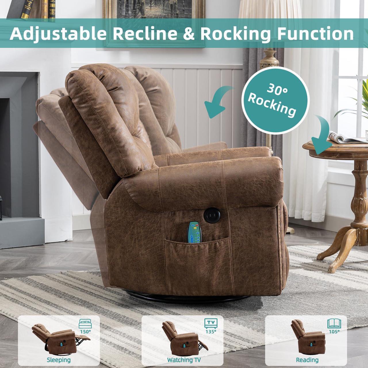 Alt view image 7 of 7 - MEETWARM Massage Swivel Rocker Recliner with Heat and Vibration, Manual Glider Rocking Recliner Chair, 360°Swivel Lounge Reclining Chair with Remote Control/USB Ports for Living Room(Brown)