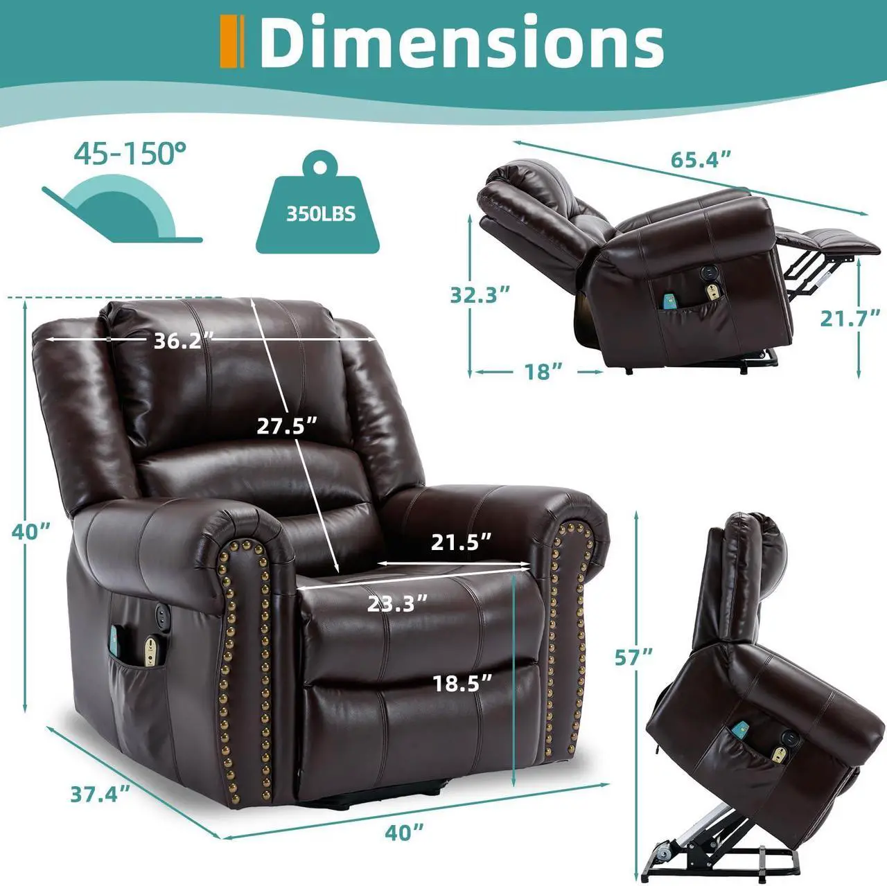 Alt view image 2 of 7 - MEETWARM Large Power Lift Electric Recliner Chair with Massage and Heat, Overstuffed Wide Recliner for Elderly, Heavy Duty Recliner for Living Room with 2 Remote Controls/USB Ports/Side Pockets(Dark)