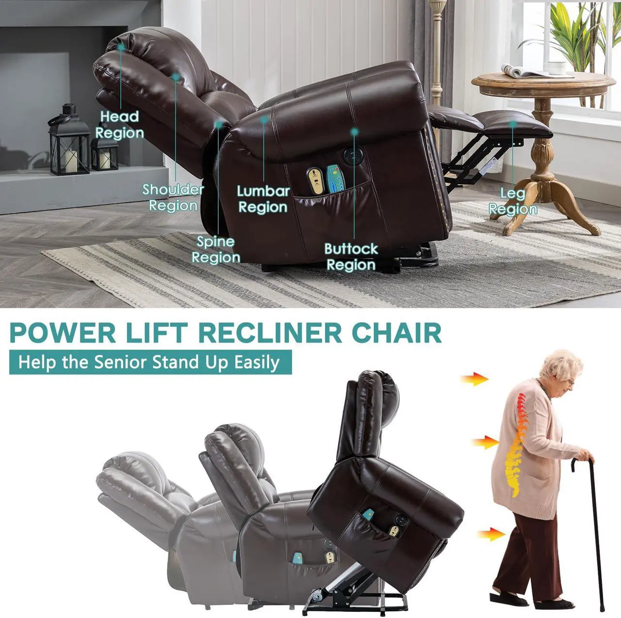 Alt view image 4 of 7 - MEETWARM Large Power Lift Electric Recliner Chair with Massage and Heat, Overstuffed Wide Recliner for Elderly, Heavy Duty Recliner for Living Room with 2 Remote Controls/USB Ports/Side Pockets(Dark)