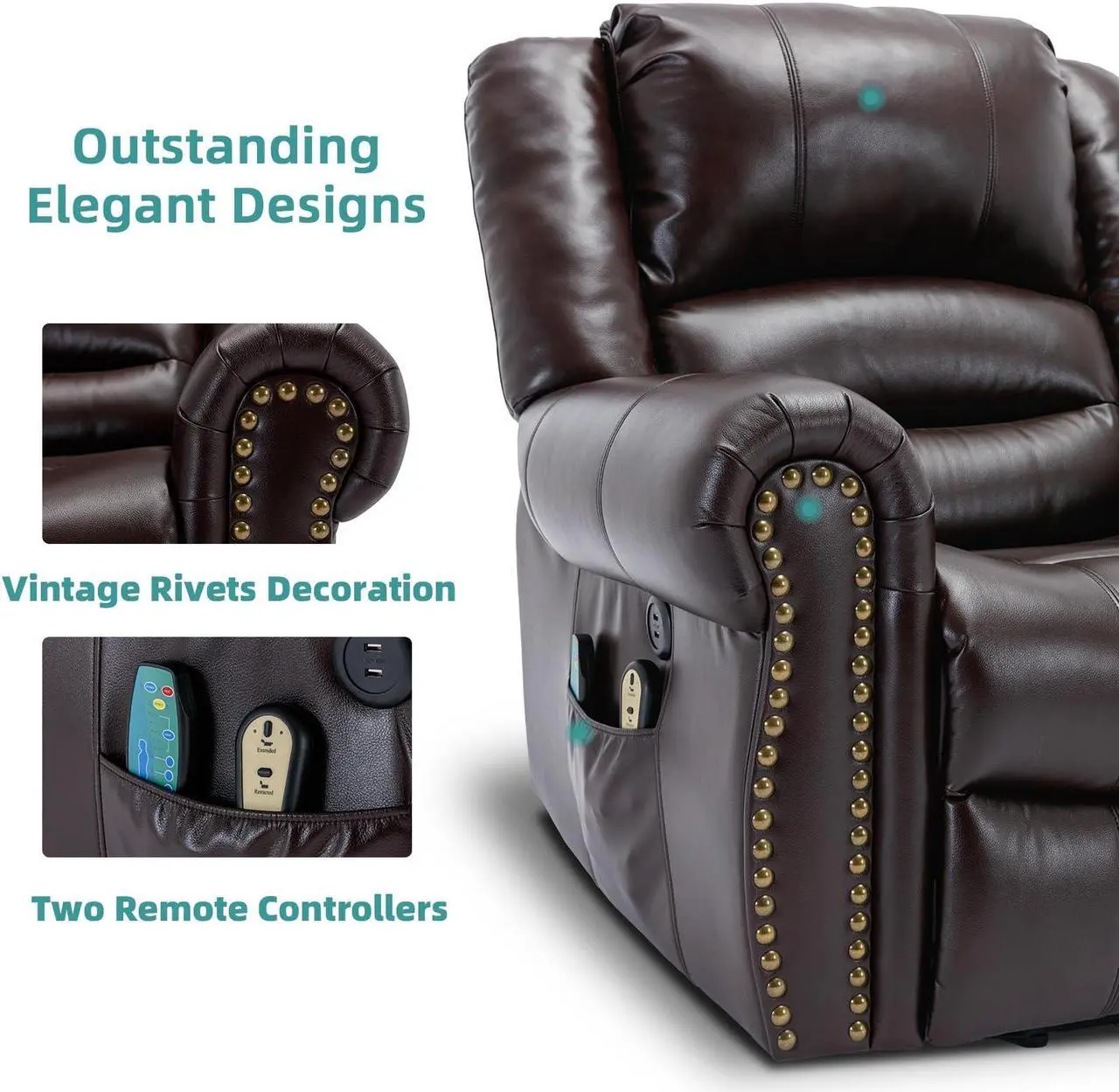 Alt view image 5 of 7 - MEETWARM Large Power Lift Electric Recliner Chair with Massage and Heat, Overstuffed Wide Recliner for Elderly, Heavy Duty Recliner for Living Room with 2 Remote Controls/USB Ports/Side Pockets(Dark)