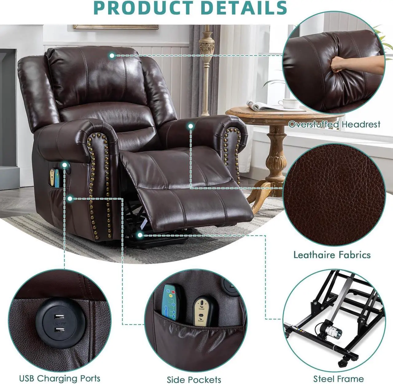 Alt view image 7 of 7 - MEETWARM Large Power Lift Electric Recliner Chair with Massage and Heat, Overstuffed Wide Recliner for Elderly, Heavy Duty Recliner for Living Room with 2 Remote Controls/USB Ports/Side Pockets(Dark)
