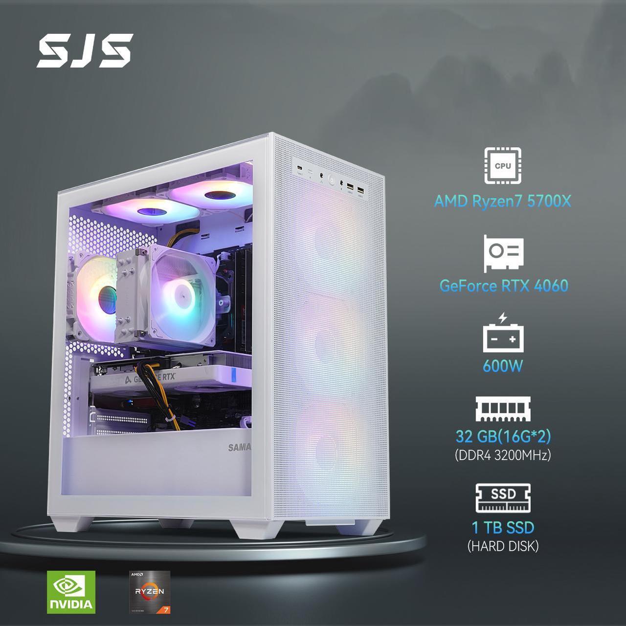 Alt view image 2 of 6 - SEJISHI(R7 5700X+RTX 4060) Gaming PC AMD Ryzen 7 5700X 3.4GHz to 4.6GHZ, NVIDIA GeForce RTX4060,32GB(16G*2)DDR4 3200MHz,M.2 1TB SSD,600W psu,Win 11 Ready, Gaming Desktop computer