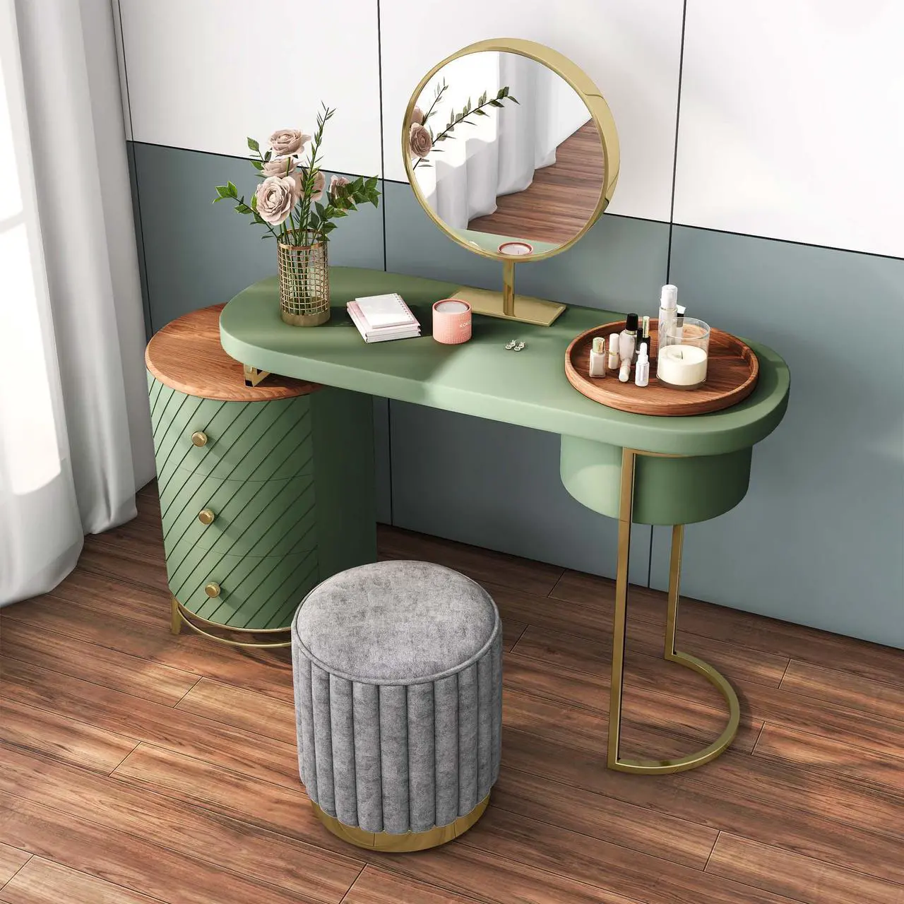 Alt view image 2 of 7 - Aukfa Makeup Vanity Table - Dressing Table With LED Lighted Mirror and Movable Tray Top 43" - Green