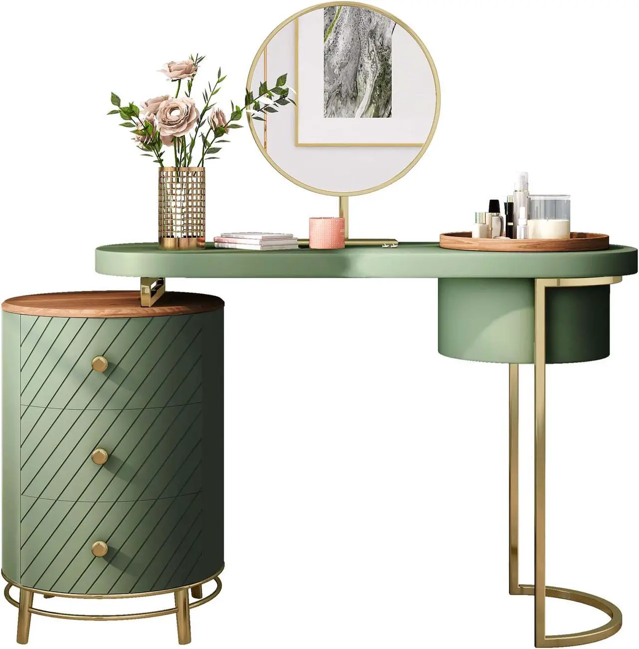 Alt view image 3 of 7 - Aukfa Makeup Vanity Table - Dressing Table With LED Lighted Mirror and Movable Tray Top 43" - Green
