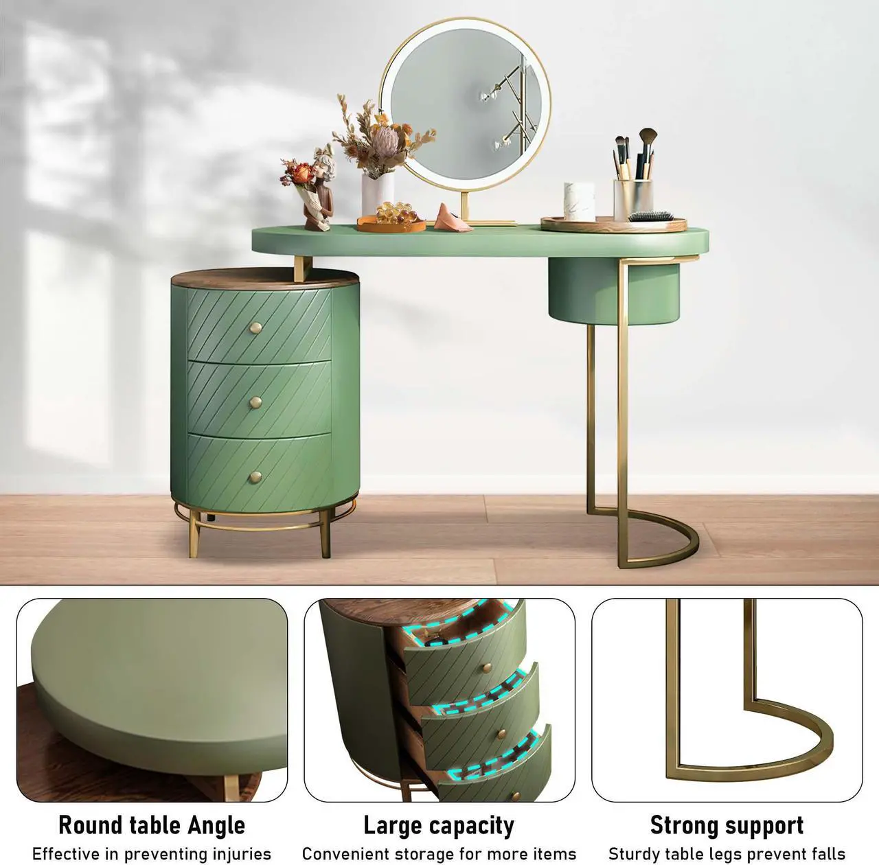 Alt view image 5 of 7 - Aukfa Makeup Vanity Table - Dressing Table With LED Lighted Mirror and Movable Tray Top 43" - Green