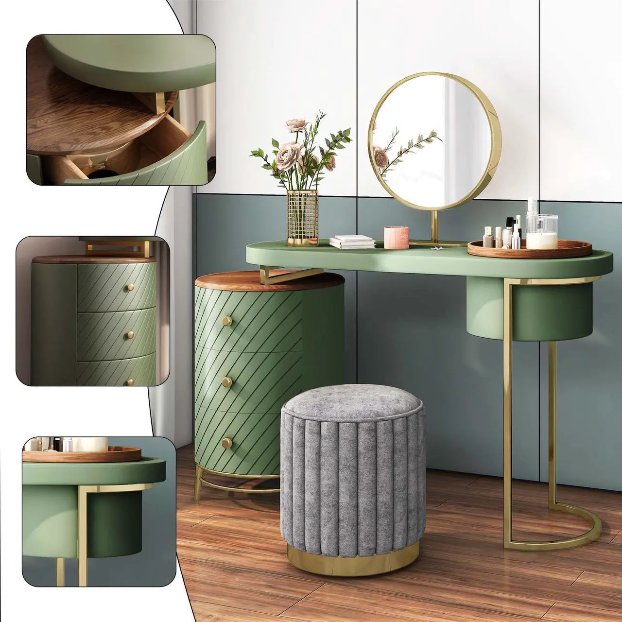 Alt view image 4 of 7 - Aukfa Makeup Vanity Table - Dressing Table With LED Lighted Mirror and Movable Tray Top 43" - Green