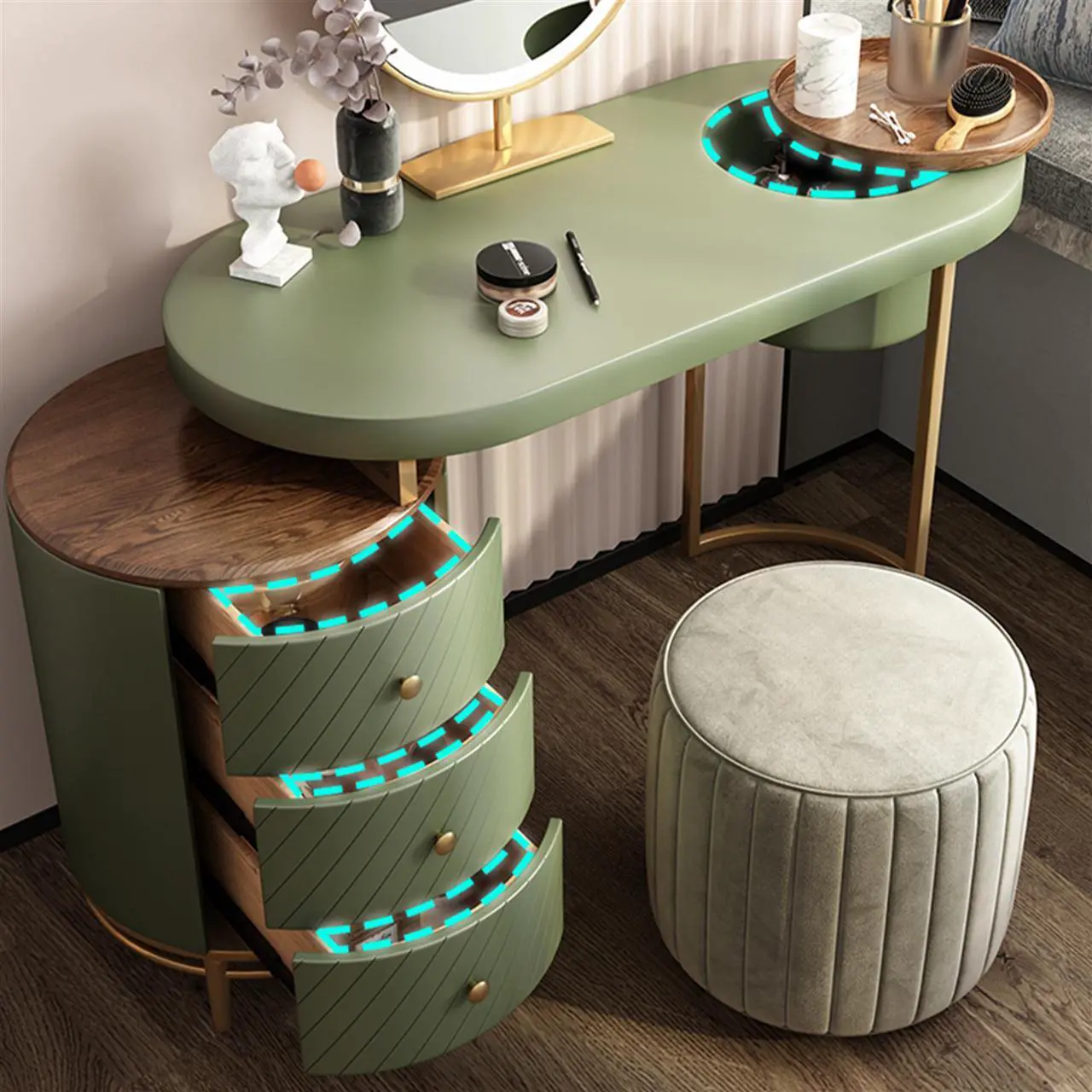 Alt view image 6 of 7 - Aukfa Makeup Vanity Table - Dressing Table With LED Lighted Mirror and Movable Tray Top 43" - Green