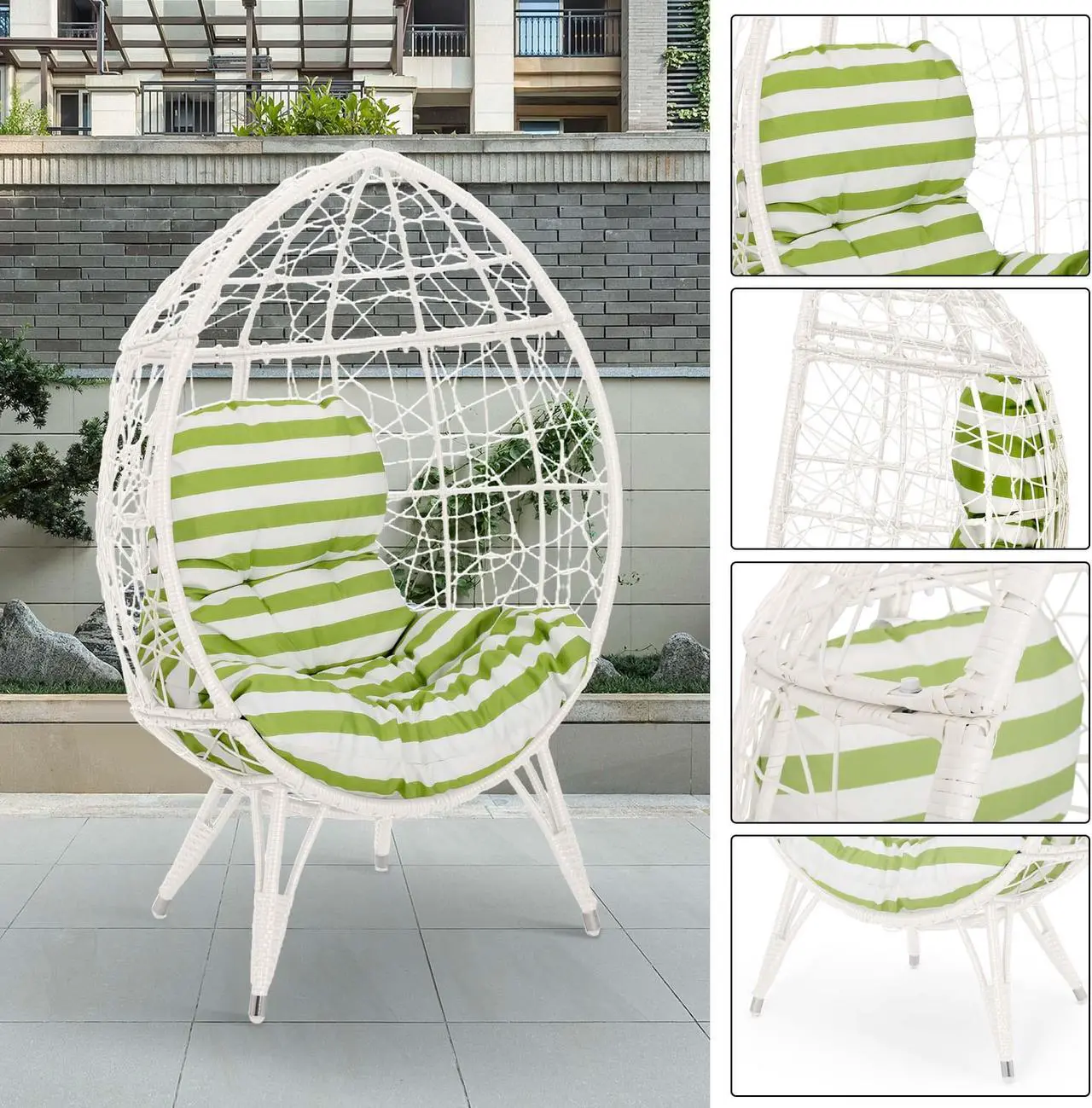 Alt view image 5 of 6 - Aukfa Outdoor Wicker Egg Chair, Patio Garden Rattan Lounge Basket Chair, Green