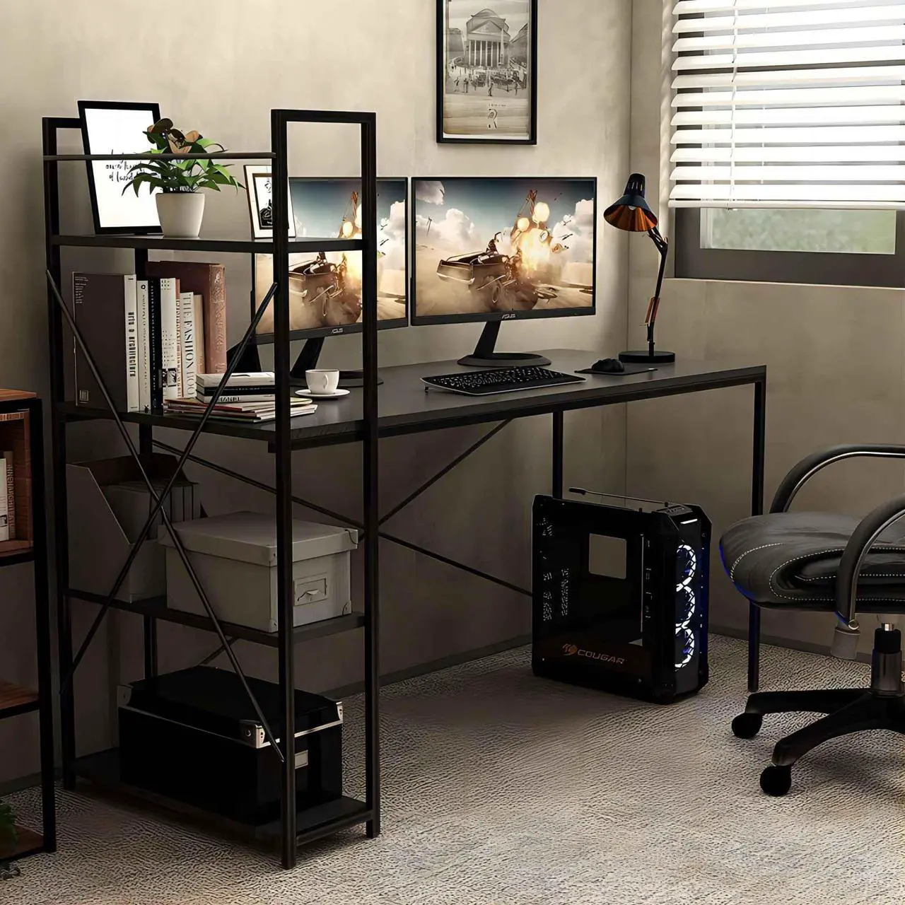 Alt view image 6 of 7 - Aukfa 48 Computer Desk with Storage Shelves - Modern Metal Frame Gaming Desk - Black
