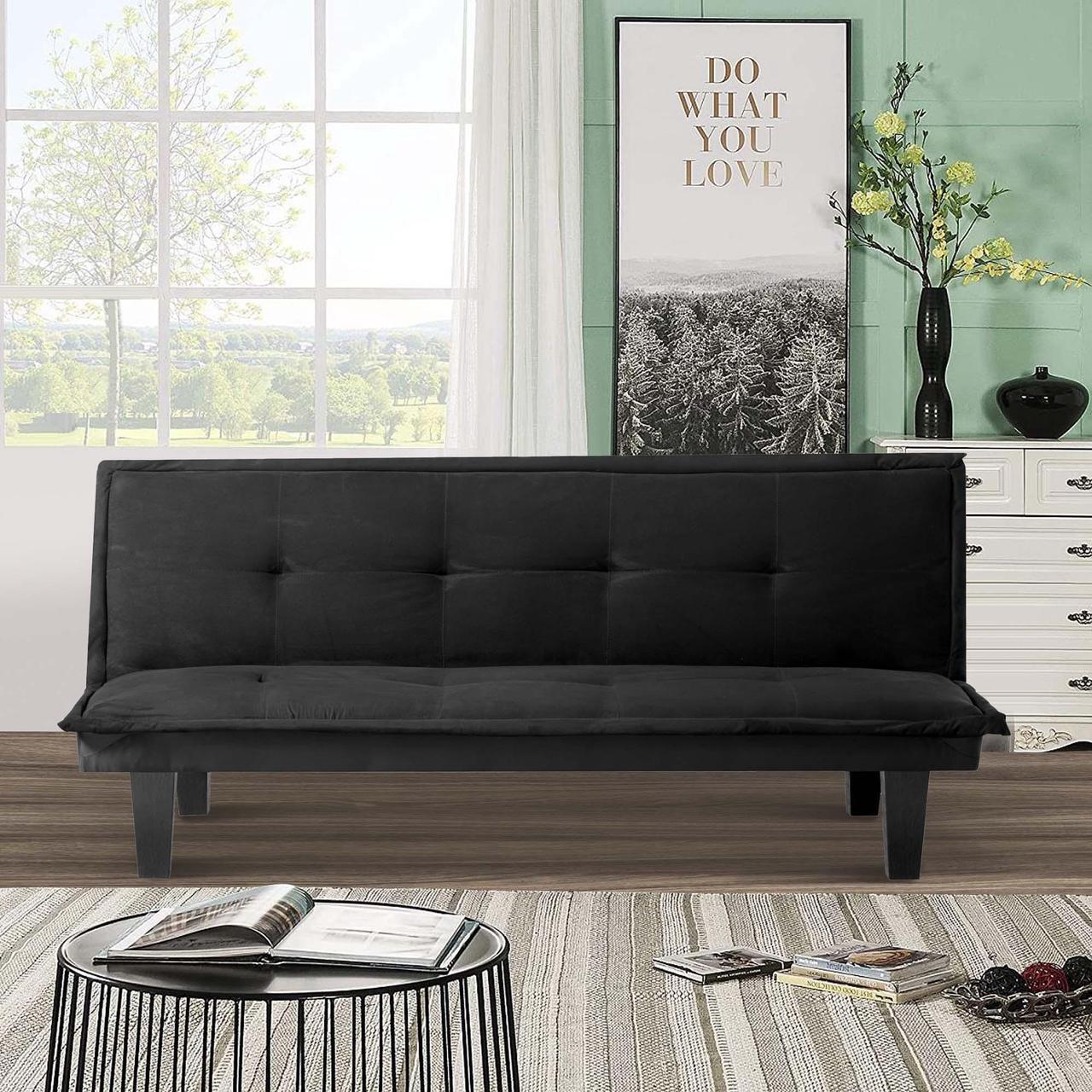 Alt view image 2 of 7 - Aukfa Convertible 63.8" Futon Sofa Bed with Adjustable Backrest, Faux Suede Upholstery - Solid Wood Frame - Perfect for Home, Office, and Guest Rooms - Black