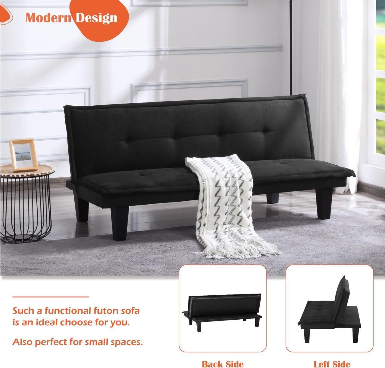 Alt view image 4 of 7 - Aukfa Convertible 63.8" Futon Sofa Bed with Adjustable Backrest, Faux Suede Upholstery - Solid Wood Frame - Perfect for Home, Office, and Guest Rooms - Black