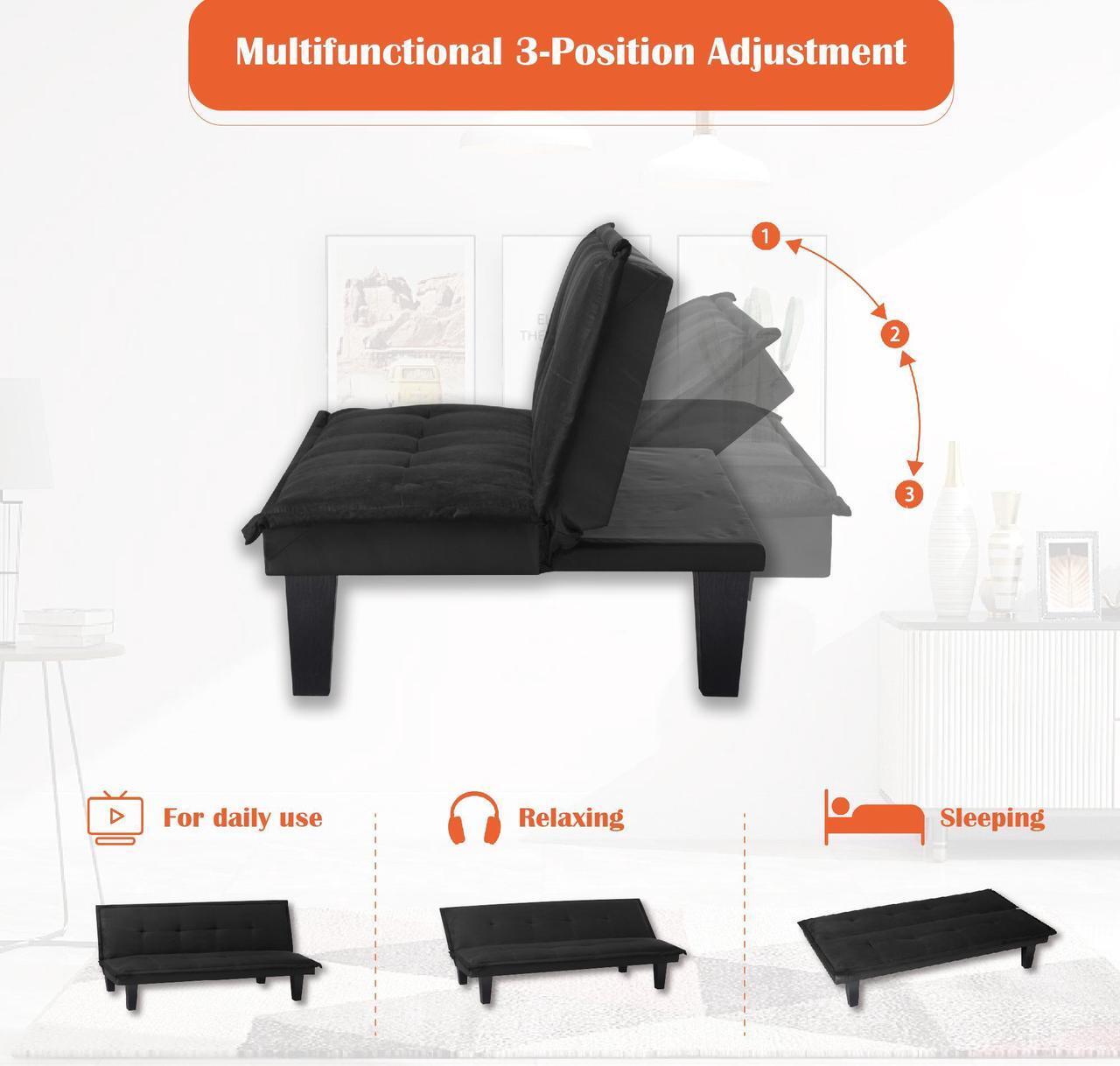 Alt view image 5 of 7 - Aukfa Convertible 63.8" Futon Sofa Bed with Adjustable Backrest, Faux Suede Upholstery - Solid Wood Frame - Perfect for Home, Office, and Guest Rooms - Black