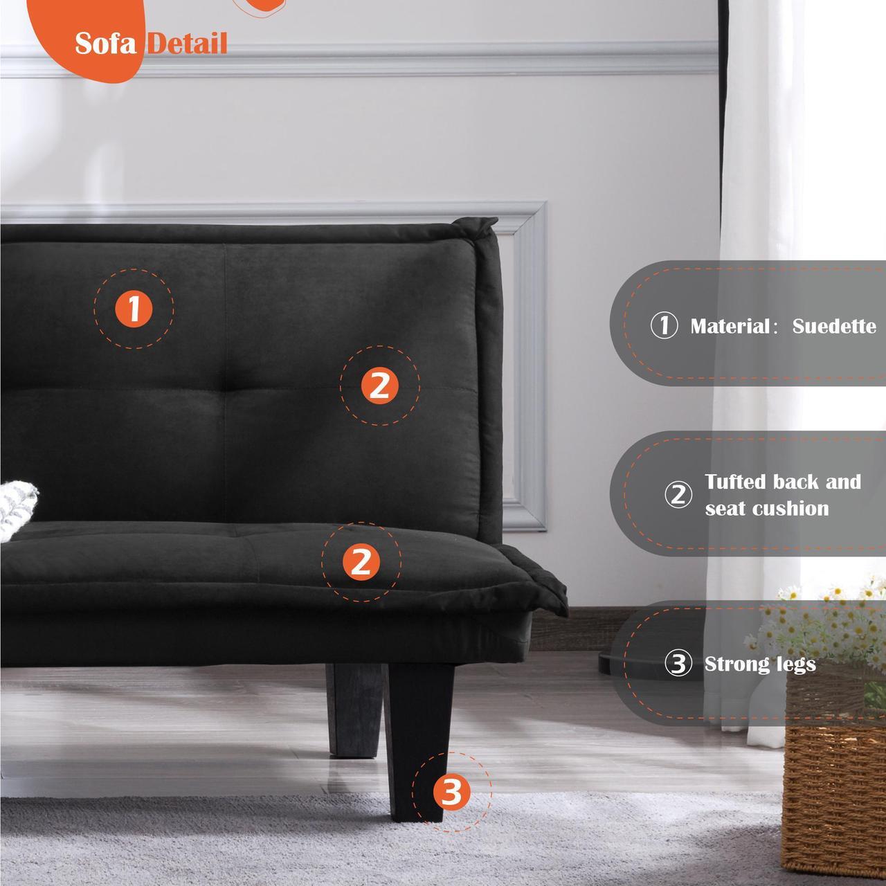 Alt view image 6 of 7 - Aukfa Convertible 63.8" Futon Sofa Bed with Adjustable Backrest, Faux Suede Upholstery - Solid Wood Frame - Perfect for Home, Office, and Guest Rooms - Black