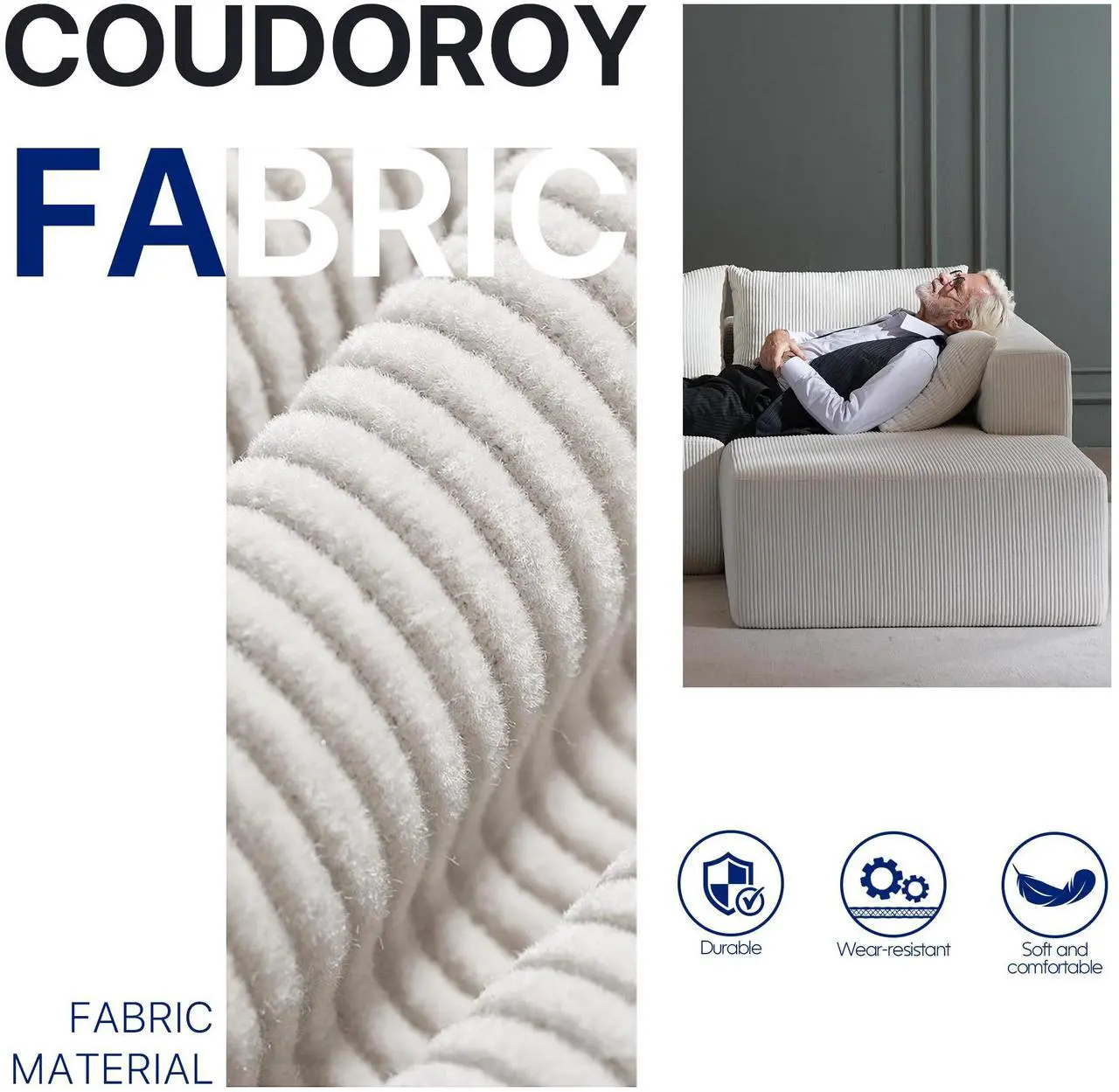 Alt view image 2 of 6 - Aukfa Sectional Couches for Living Room, 5 Seat Sofa Couch with Corduroy Fabric, L-Shaped Cloud Sofa Set with 5 Pillows, No Assembly High-Density Sponge Sofa for Apartment, White