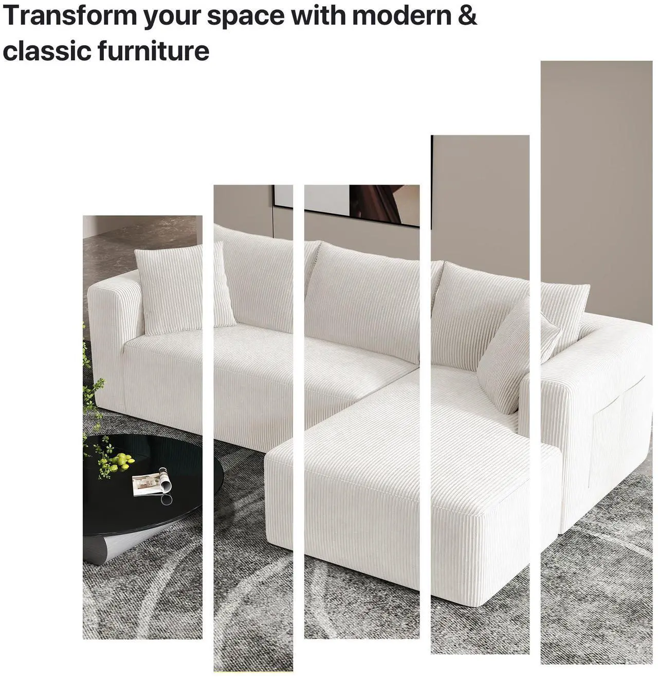 Alt view image 5 of 6 - Aukfa Sectional Couches for Living Room, 5 Seat Sofa Couch with Corduroy Fabric, L-Shaped Cloud Sofa Set with 5 Pillows, No Assembly High-Density Sponge Sofa for Apartment, White