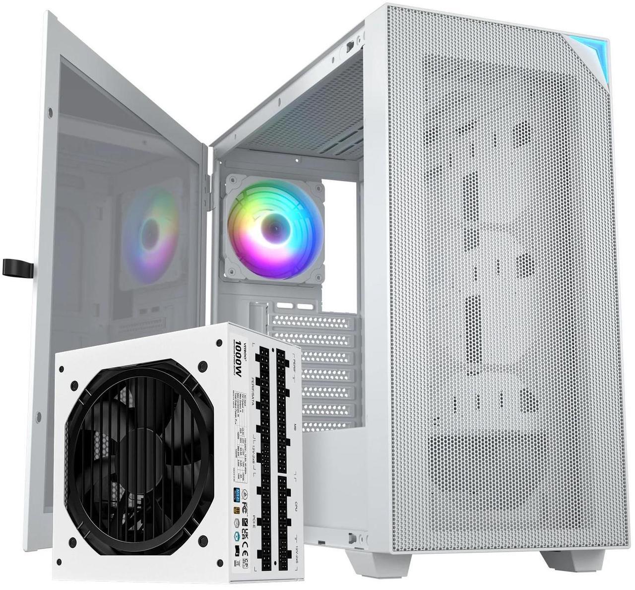 Main image of VETROO AL800 Full Tower White PC Computer Case with 1000W White Power Supply Door Opening Design Tempered Glass, E-ATX/ATX Support, Adjustable LED Strip, Pre-Installed ARGB & PWM FDB Fan in Rear