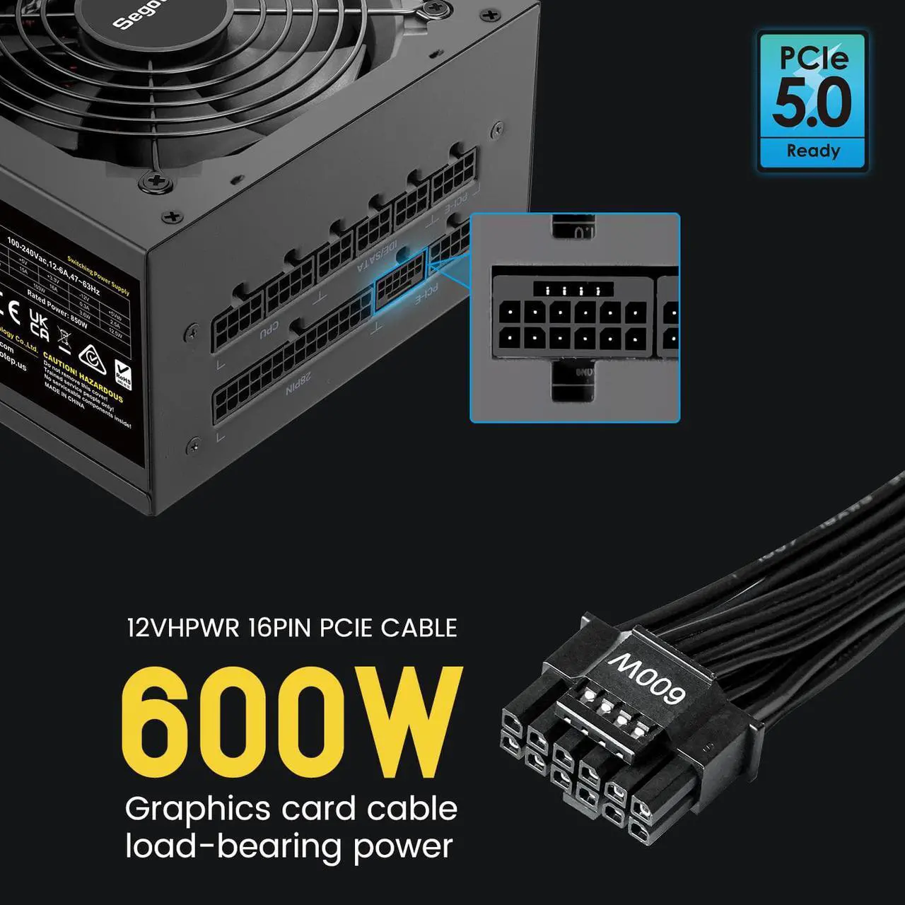 Alt view image 5 of 7 - Segotep 850W ATX 3.0 Power Supply, Full Modular 80 Plus Gold, PCIe 5.0 12+4PIN port and Dual 6+2Pin ports,  Suitable for ALL Graphics Cards, Native 600W 12VHPWR Cable, Silent Fan mode