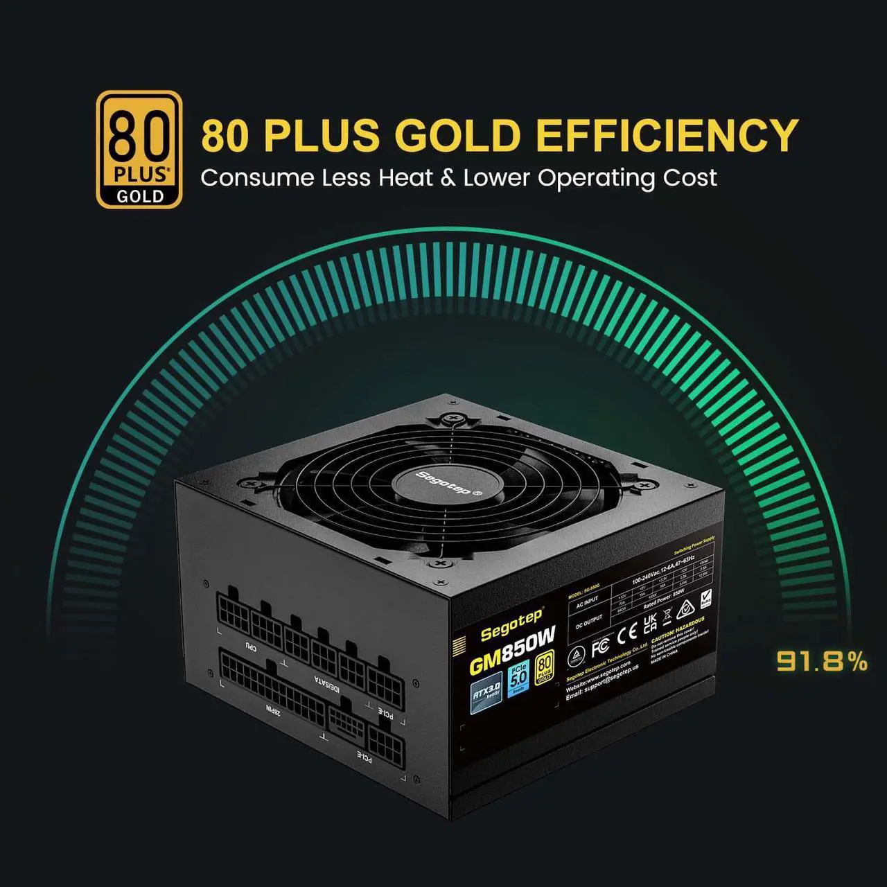Alt view image 6 of 7 - Segotep 850W ATX 3.0 Power Supply, Full Modular 80 Plus Gold, PCIe 5.0 12+4PIN port and Dual 6+2Pin ports,  Suitable for ALL Graphics Cards, Native 600W 12VHPWR Cable, Silent Fan mode