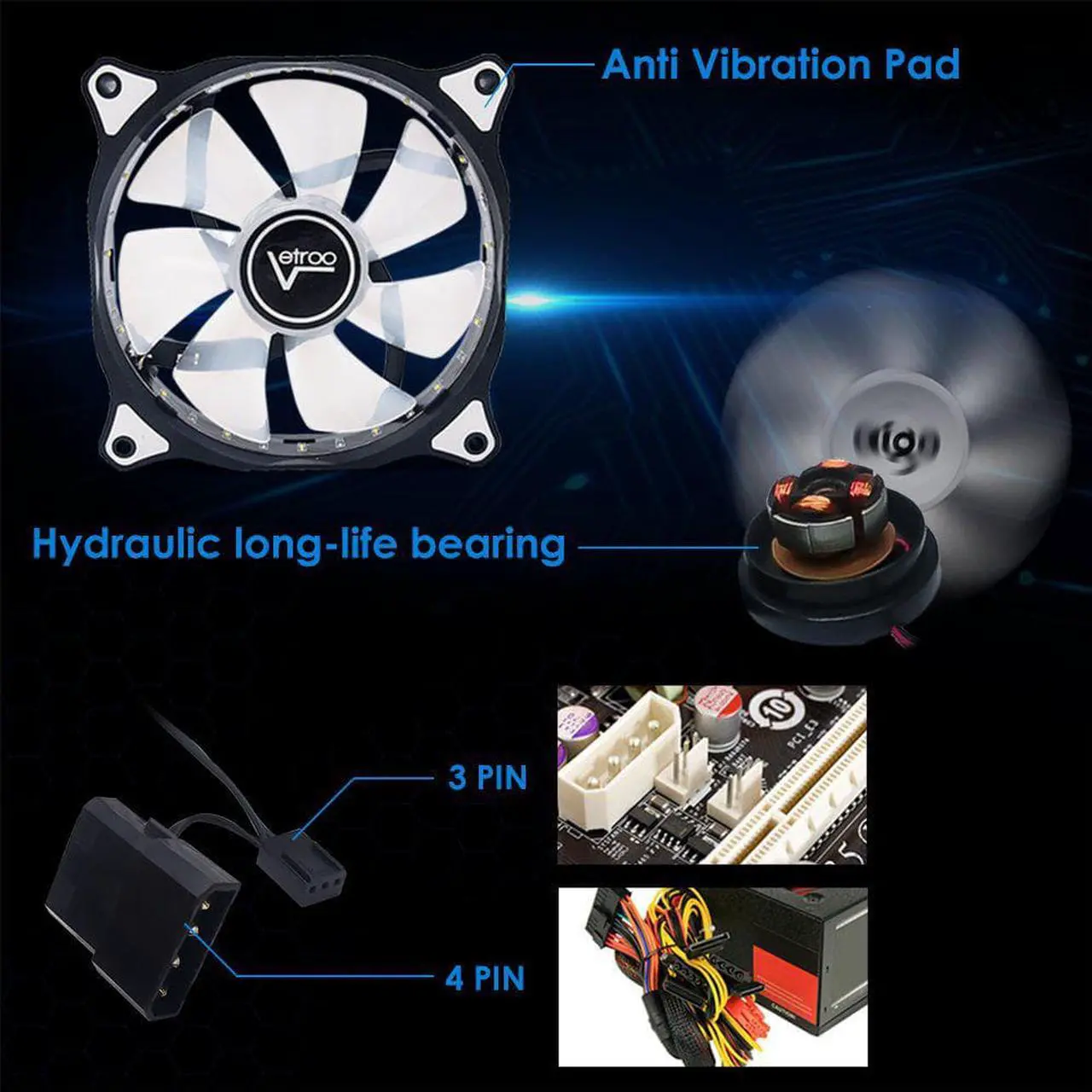 Alt view image 4 of 6 - 2pcs Vetroo 120mm Red case fan with 15 LED Cooling Fans for Computer PC Case, CPU Cooler and Radiator Red