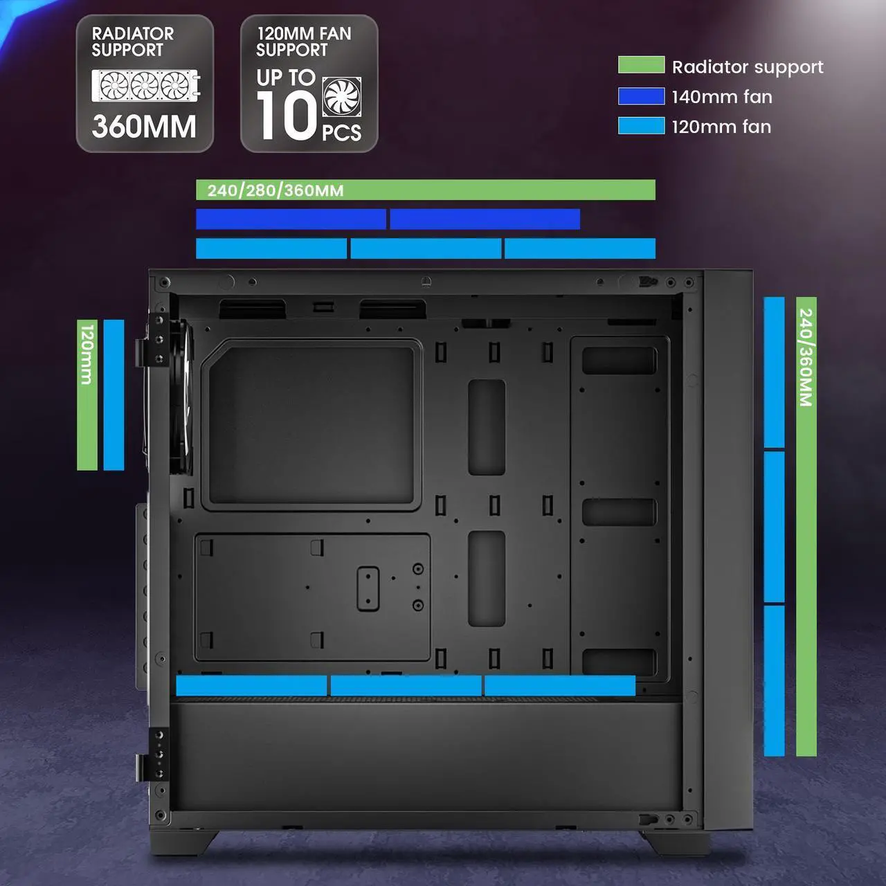 Alt view image 3 of 7 - VETROO AL800 Full Tower PC Computer Case w/Door Opening Design Tempered Glass, E-ATX/ATX Support, Built-in ARGB LED Strip in Front Mesh Panel, Type-C Ready, 4Pcs 120mm Addressable RGB Fans -Black