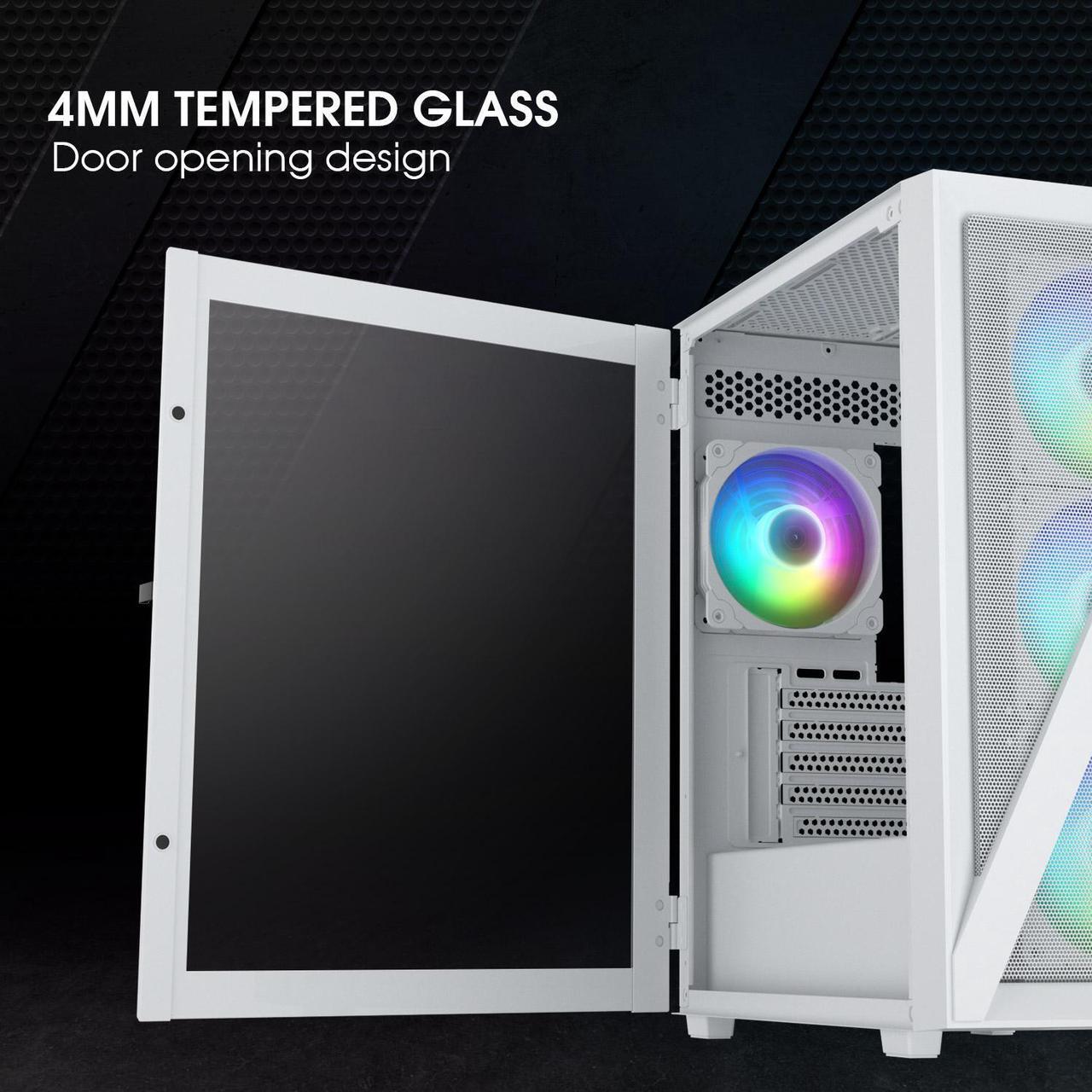 Alt view image 2 of 7 - Vetroo M05 Micro ATX Computer PC Case with Door Open Tempered Glass Side Panel & Mesh Front Panel, Support 240mm Radiator, 4Pcs 120mm Addressable RGB Fans, Type-C Port - White