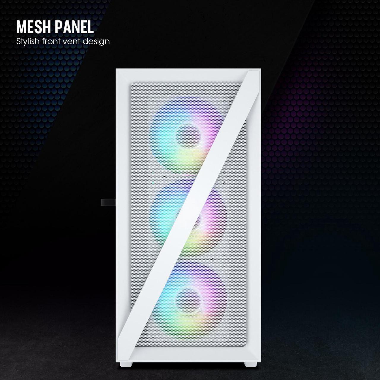 Alt view image 3 of 7 - Vetroo M05 Micro ATX Computer PC Case with Door Open Tempered Glass Side Panel & Mesh Front Panel, Support 240mm Radiator, 4Pcs 120mm Addressable RGB Fans, Type-C Port - White