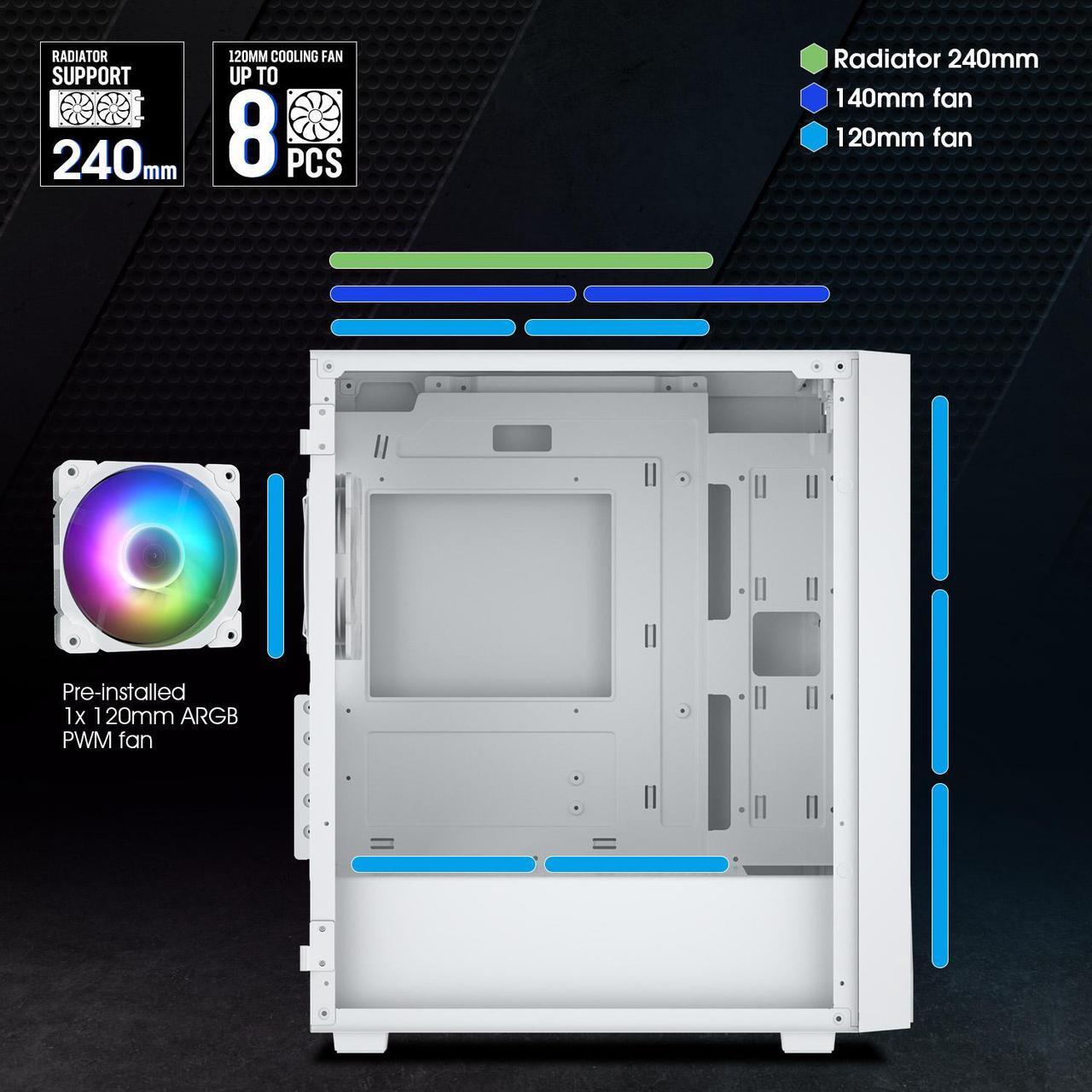 Alt view image 4 of 7 - Vetroo M05 Micro ATX Computer PC Case with Door Open Tempered Glass Side Panel & Mesh Front Panel, Support 240mm Radiator, 4Pcs 120mm Addressable RGB Fans, Type-C Port - White