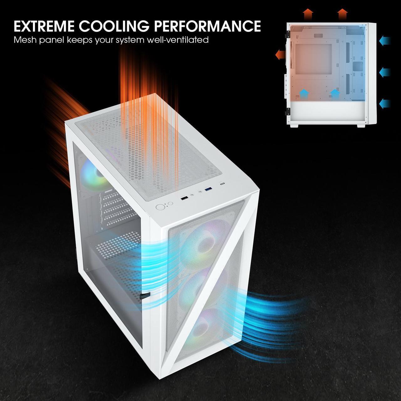 Alt view image 7 of 7 - Vetroo M05 Micro ATX Computer PC Case with Door Open Tempered Glass Side Panel & Mesh Front Panel, Support 240mm Radiator, 4Pcs 120mm Addressable RGB Fans, Type-C Port - White