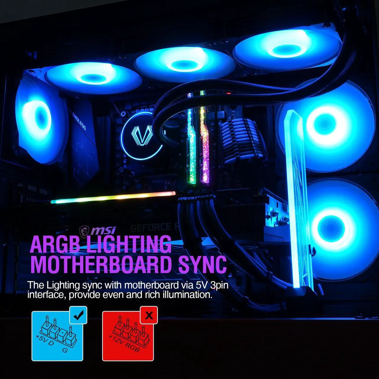 Alt view image 3 of 7 - Vetroo V360 Liquid CPU Cooler, 3X 120mm Addressable RGB FDB & PWM Fans, 360mm Radiator AIO Water Cooler w/Controller Hub for Intel LGA 1700/1200/115X AMD AM5/AM4 - Black