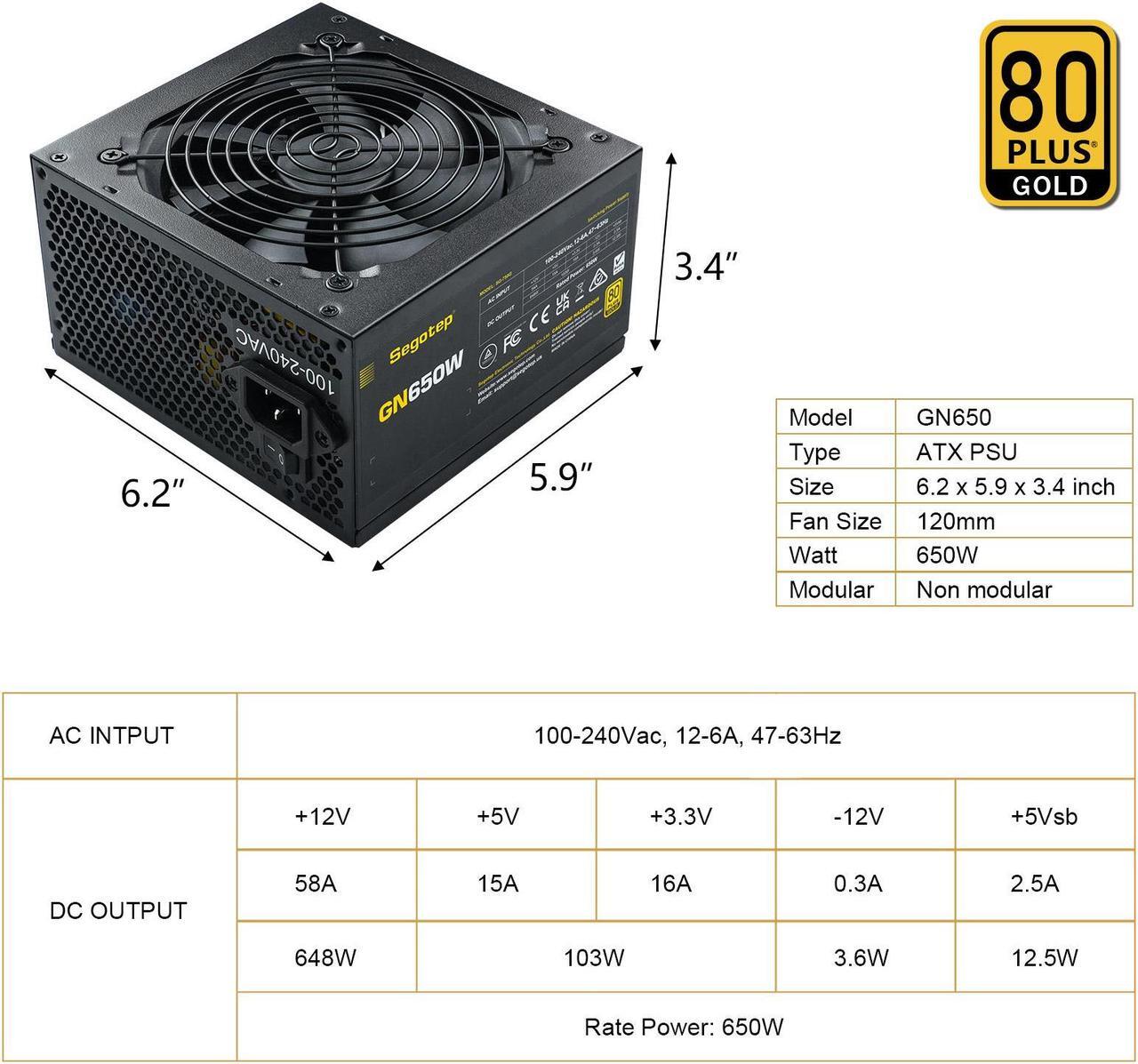 Alt view image 8 of 8 - SEGOTEP 650W 80 Plus Gold Power Supply Non-Modular with 6+2 Pin Connectors PFC Protection and RoHS Compliance 120mm Silent Fan Gaming PSU Black (5 Years Warranty)