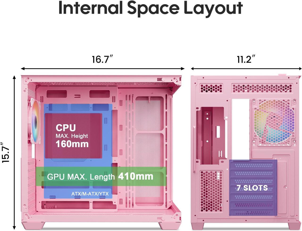 Alt view image 4 of 7 - Vetroo AL900 ATX Computer PC Case 270° Full View Tempered Glass Pre-Installed ARGB & PWM Fan in Rear 360mm Radiator Support High-Air flow Perforated Up to 10 fans Support for 50 Series GPUs -Pink