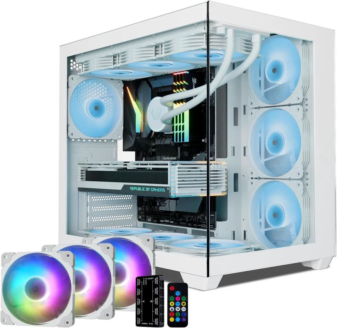Main image of Vetroo AL900 ATX PC Case with 270° Full View Tempered Glass, Supports 360mm Radiator, 4 PWM FDB ARGB Fans with Controller - White